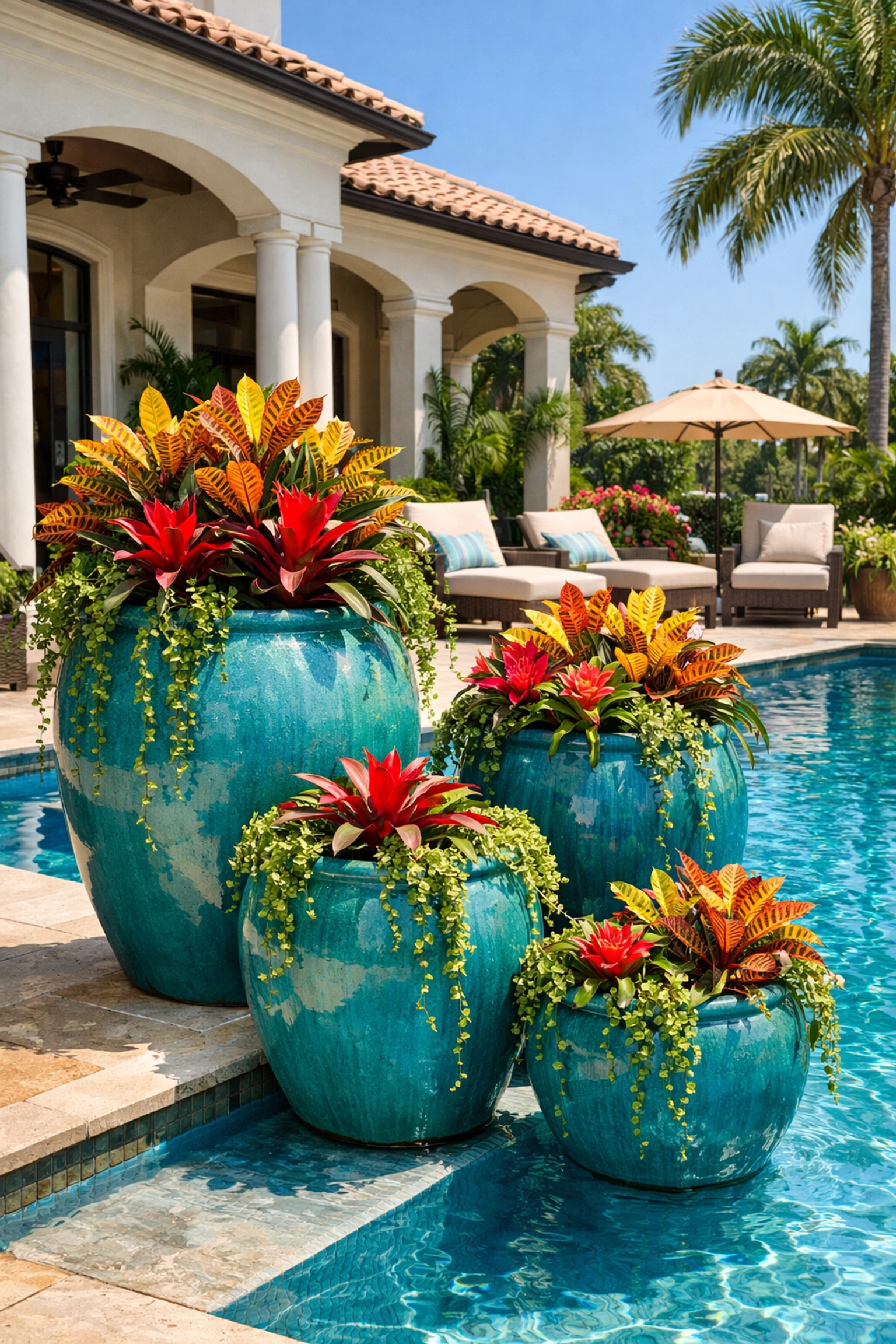 Colorful ornamental plants in glazed ceramic pots on a Sarasota poolside patio showing expert flower pot services.