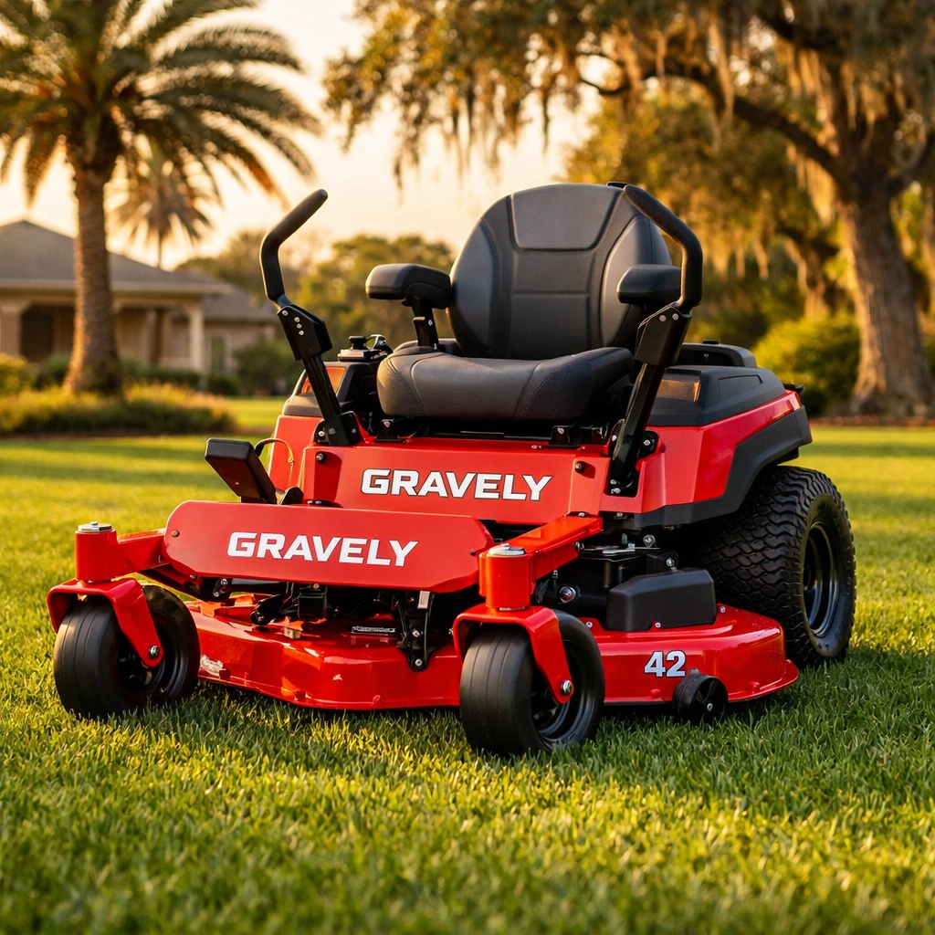 Gravely 42-inch deck zero-turn mower on residential Florida lawn with palm trees