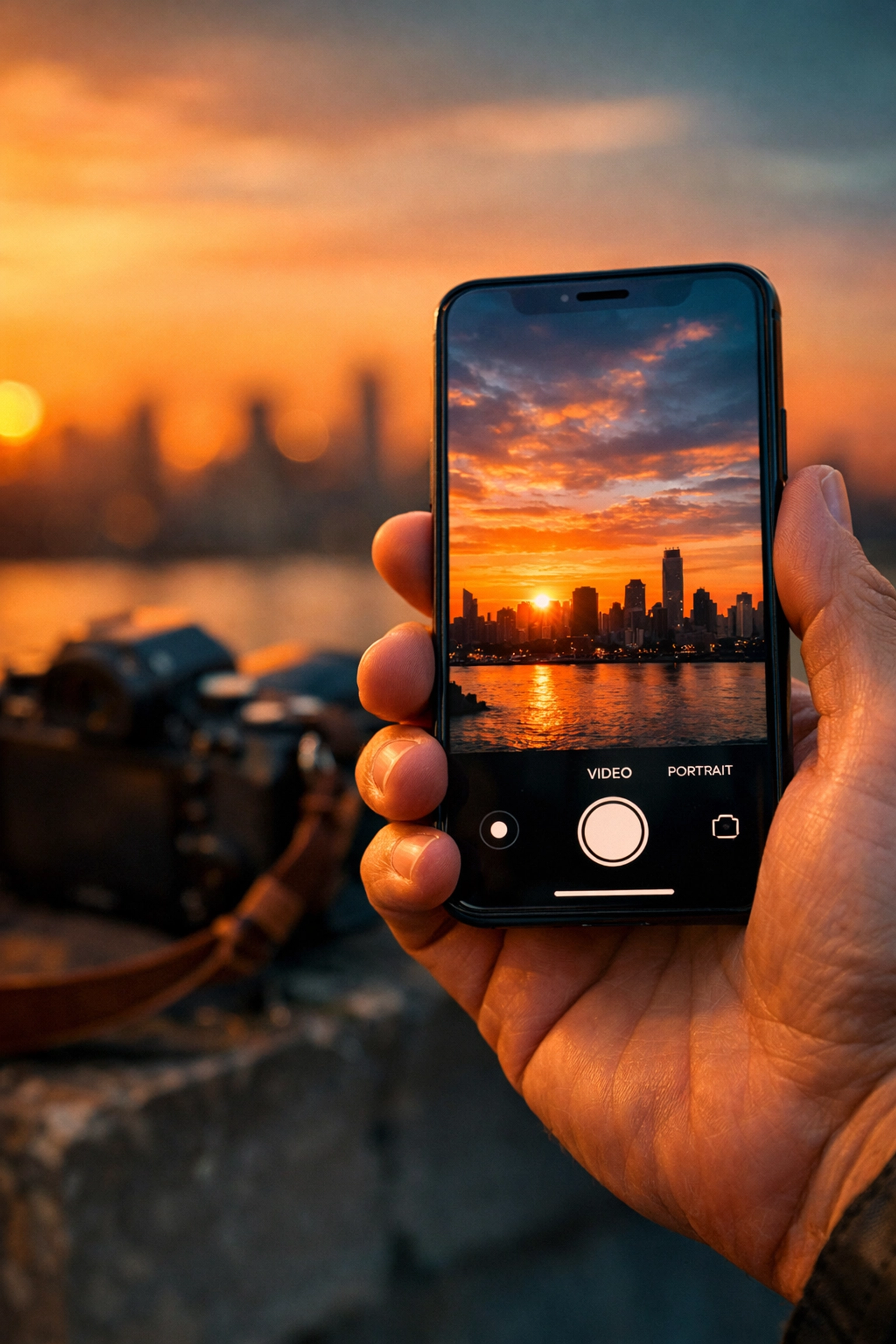 A photographer using a smartphone to capture a city sunset, highlighting 2026 travel photography tips.