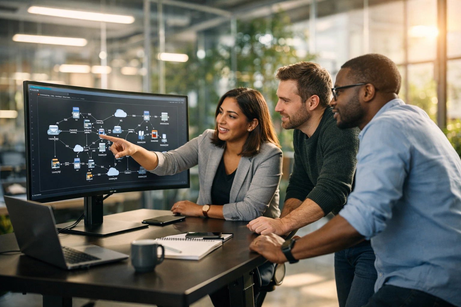 IT experts analyzing a network map to reduce MTTR with a ServiceNow implementation partner.