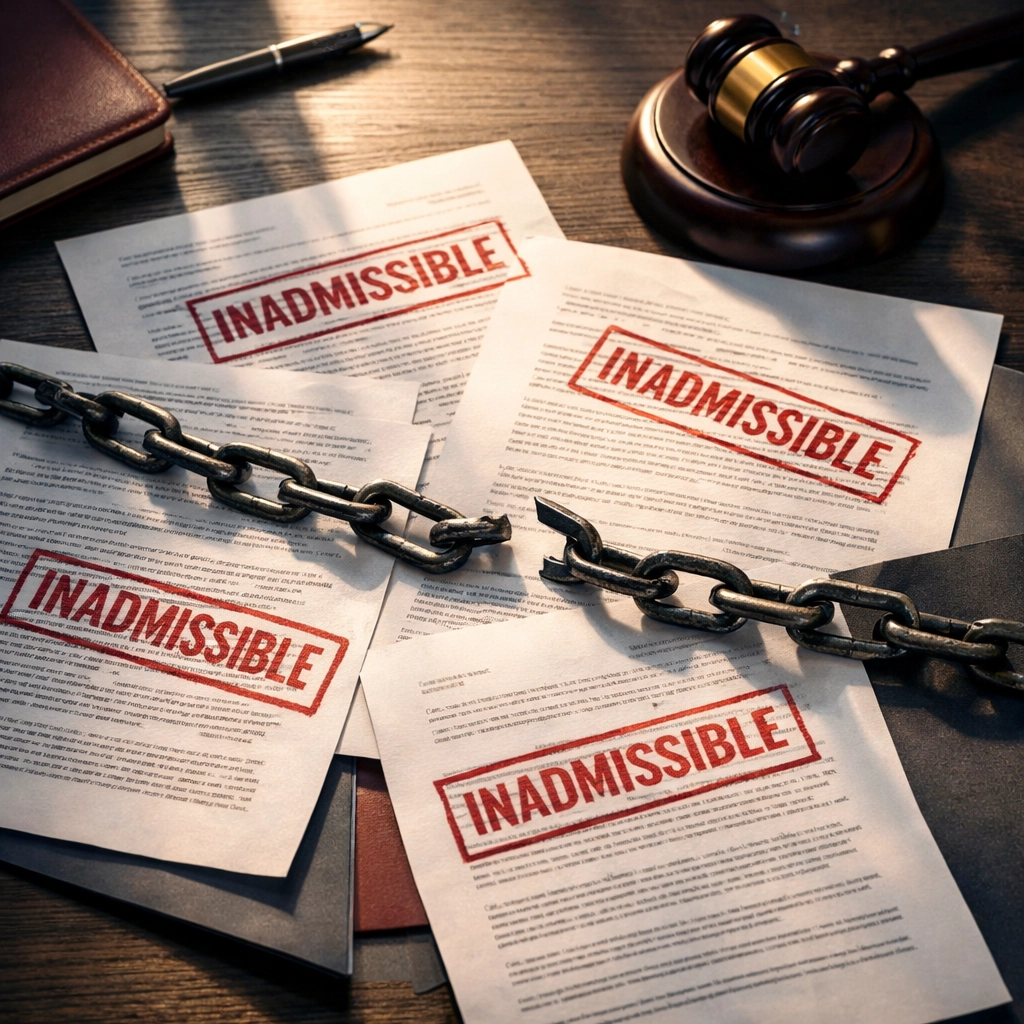 Legal documents stamped inadmissible with broken chain showing compromised evidence chain of custody