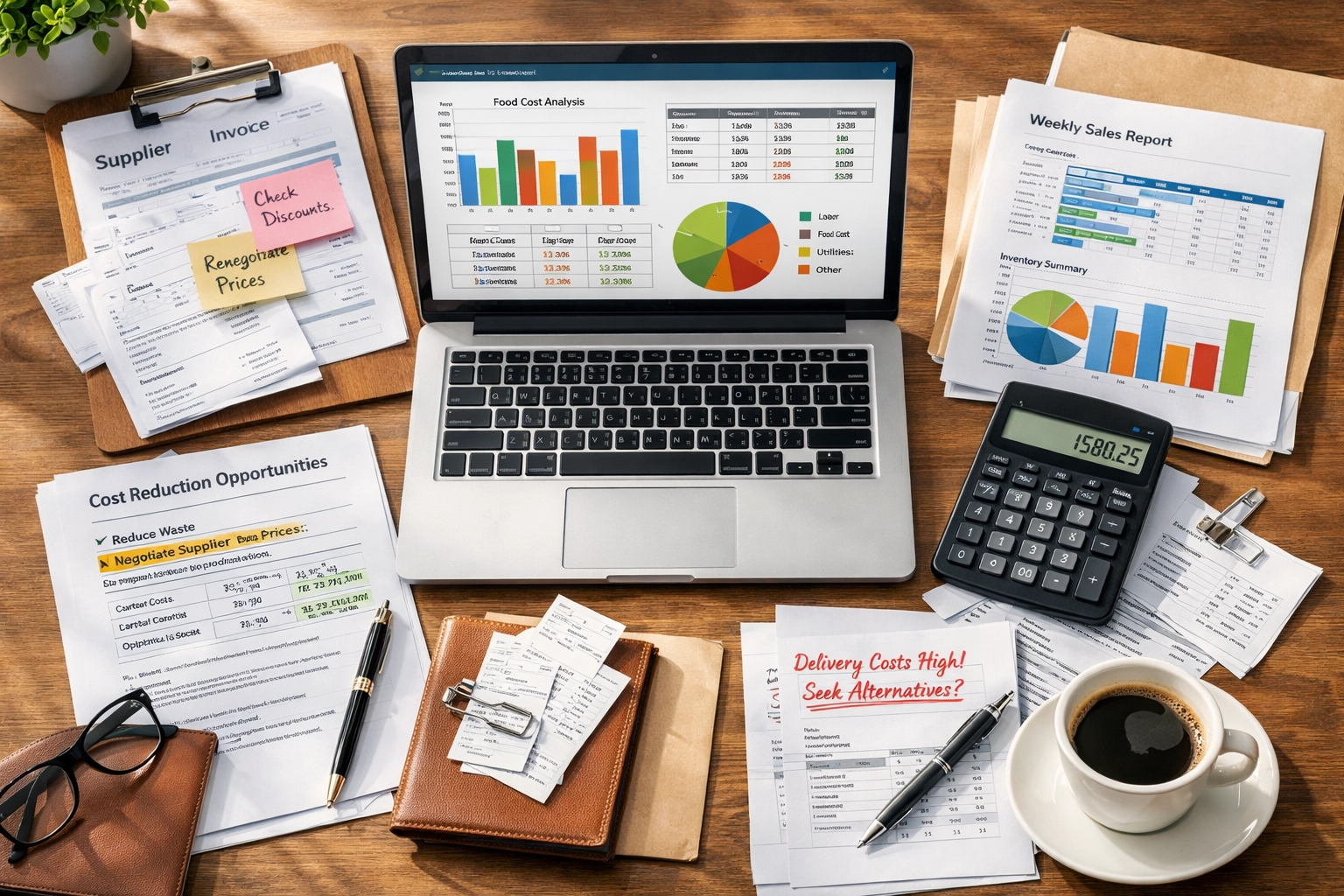 Restaurant manager analyzing financial reports and cost-saving opportunities
