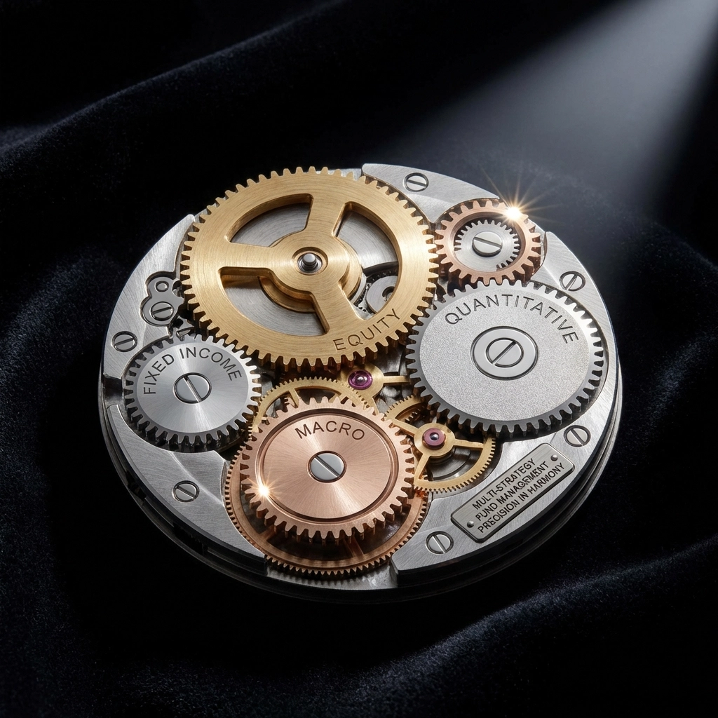 Close-up of intricate watch gears working together, visualizing multi-strategy hedge fund management precision