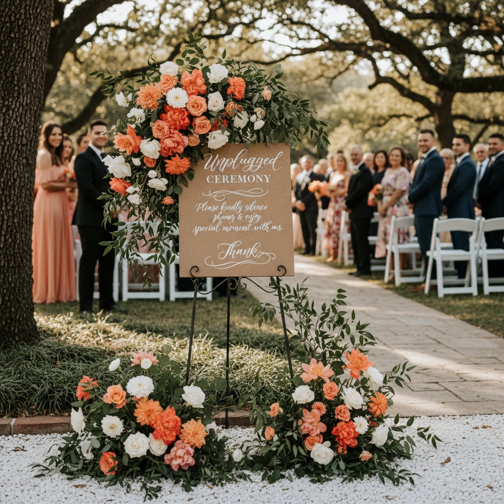 Flower arrangement and "Unplugged Ceremony" sign at an outdoor wedding. Guests in formal attire are seated, with a serene, natural backdrop.