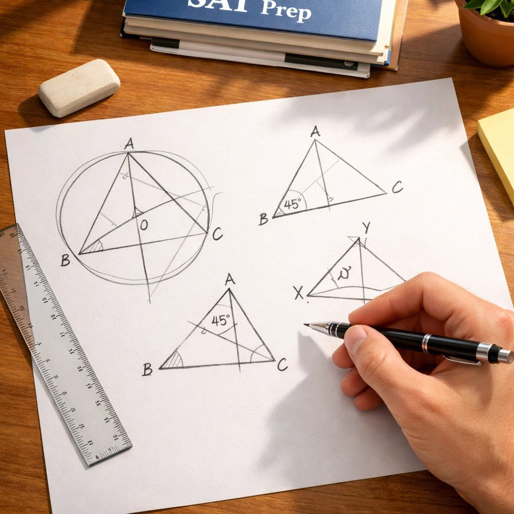 Student sketching geometric diagrams on paper during SAT math practice