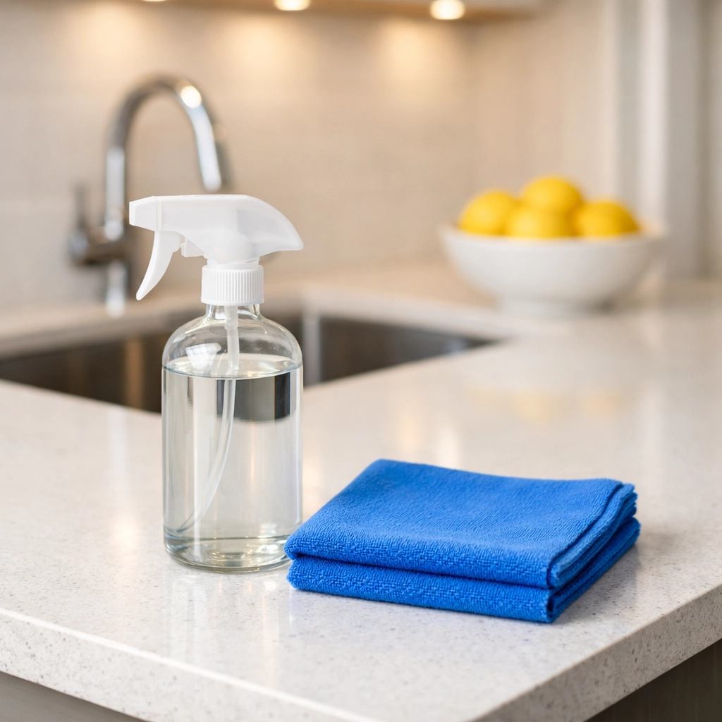 Professional cleaning supplies including a spray bottle and microfiber cloth for removing water stains.