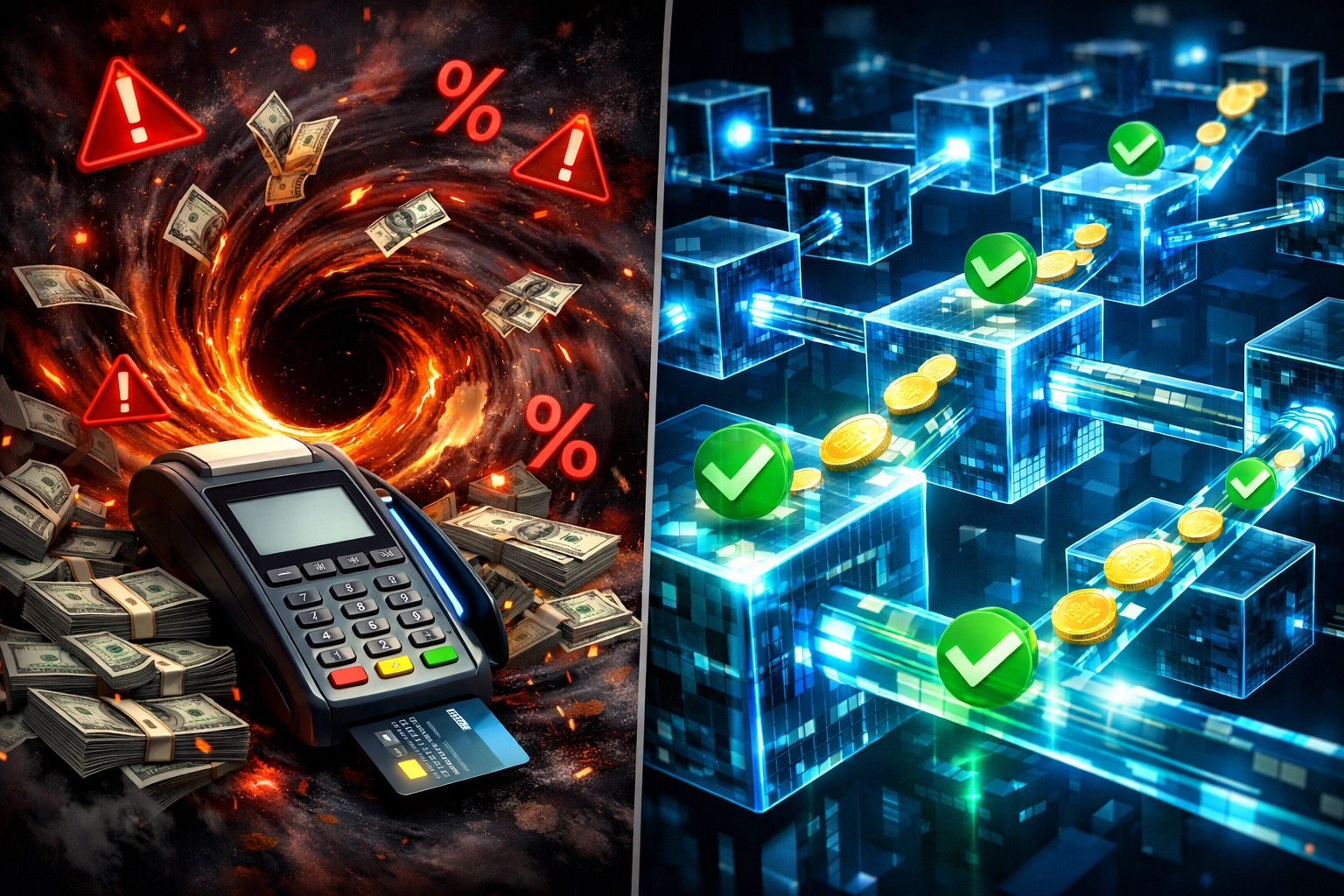 Traditional payment fees vs Web3 blockchain network reducing merchant interchange costs