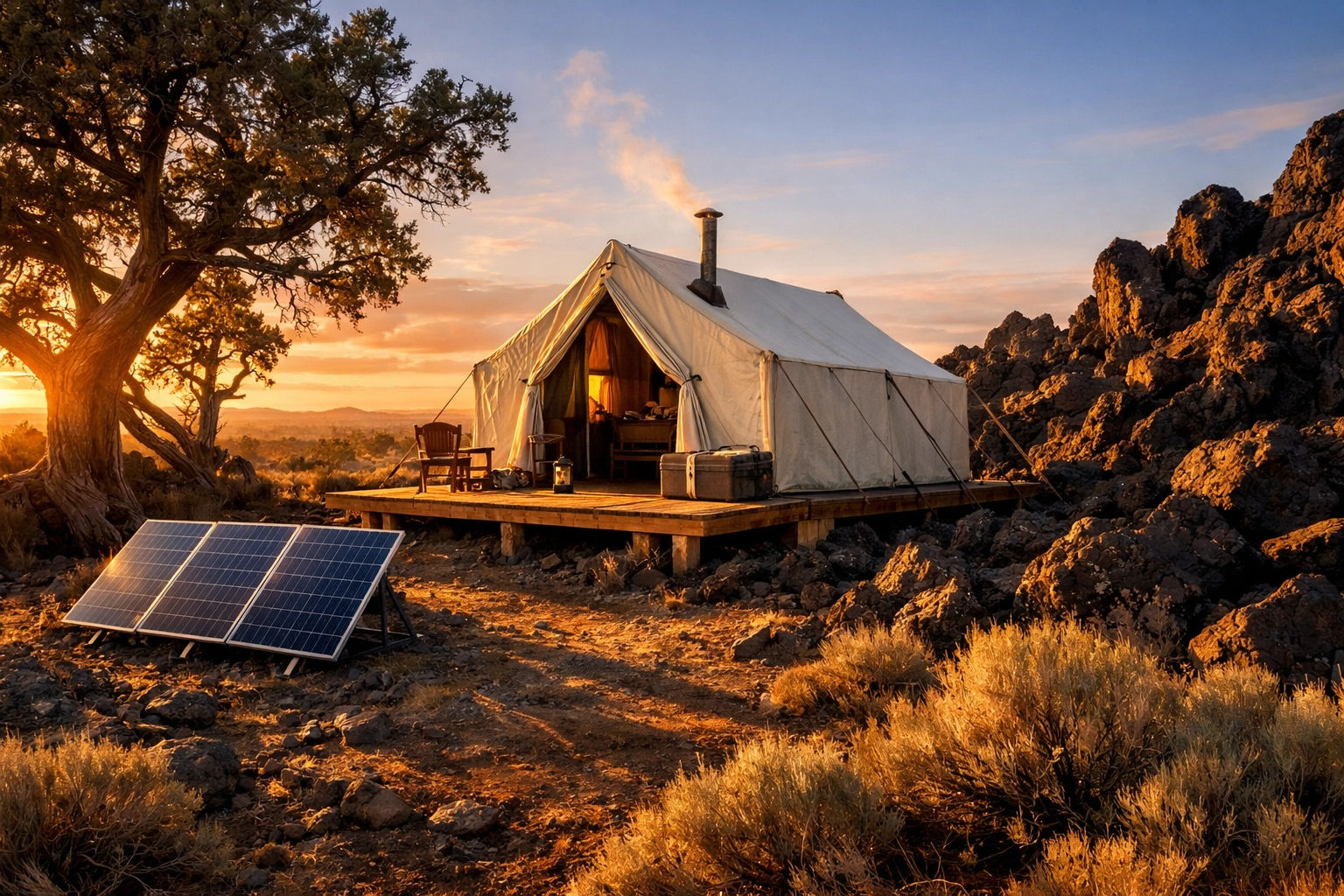Affordable off-grid living on a budget with a canvas tent and solar panels on raw land in the Oregon high desert.