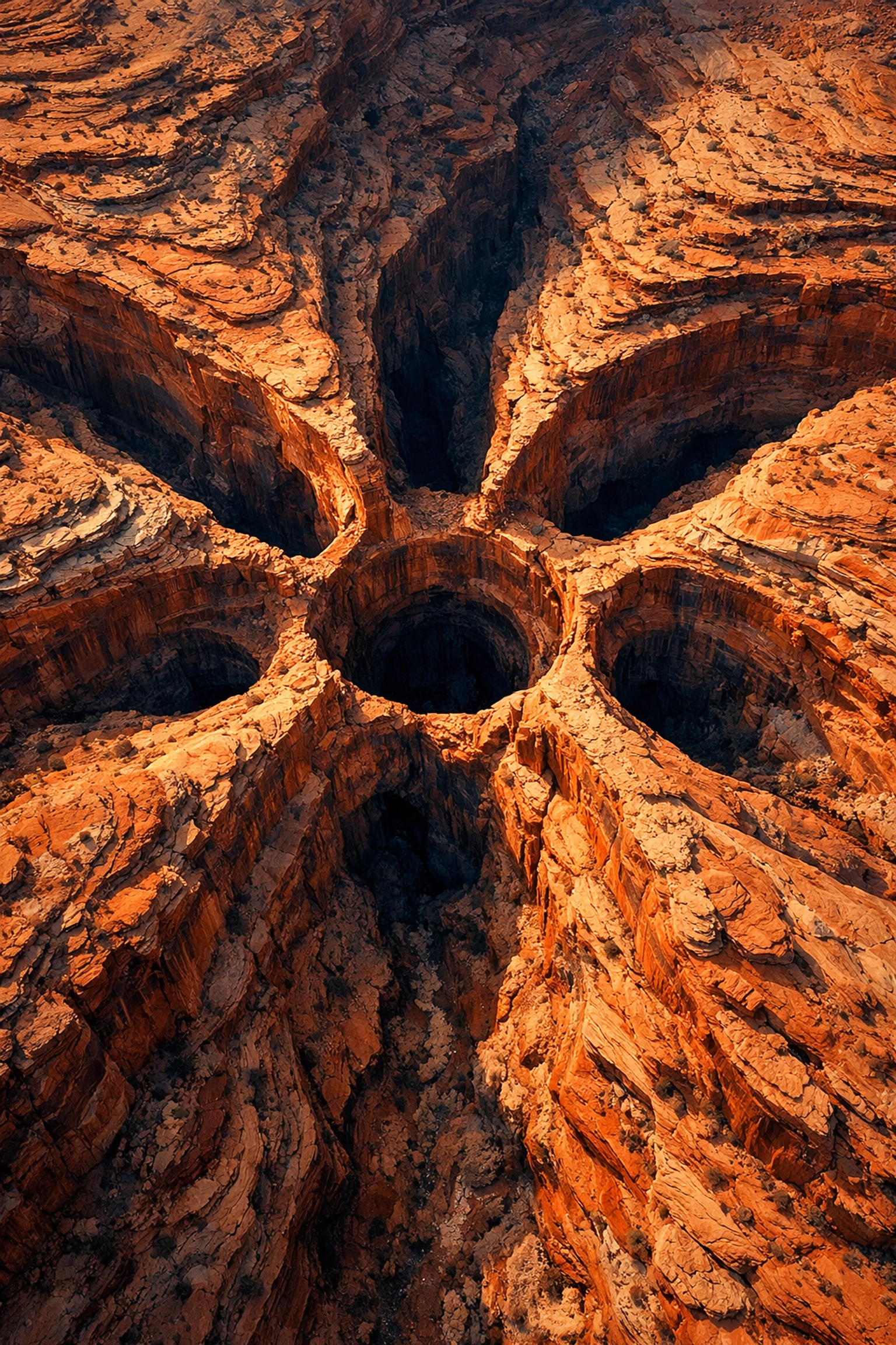Aerial view of Spider's Web canyon junction where five desert paths converge