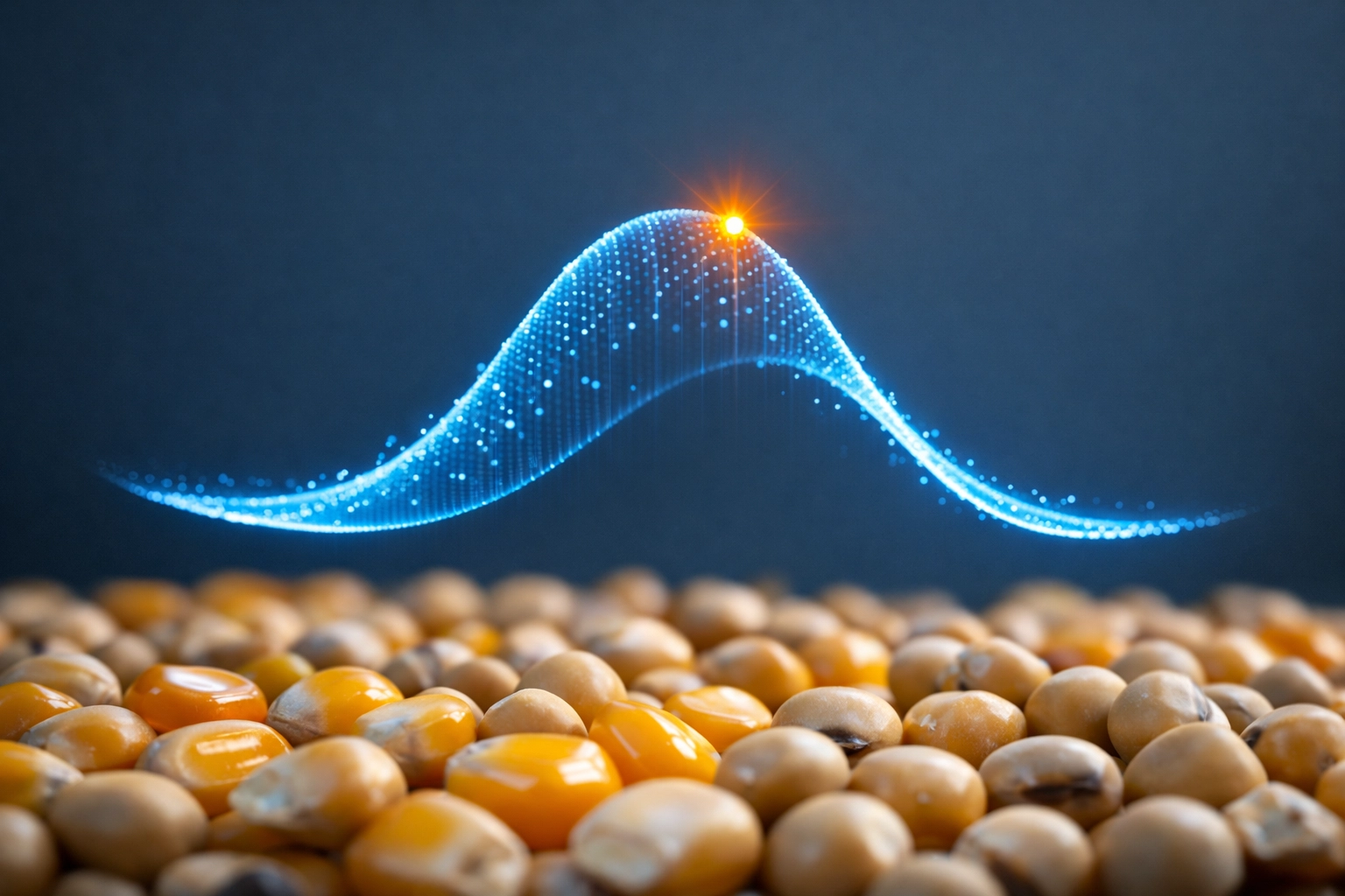 Precision feed enzyme dosing curve overlaying corn and soy feed ingredients to illustrate animal nutrition efficiency.