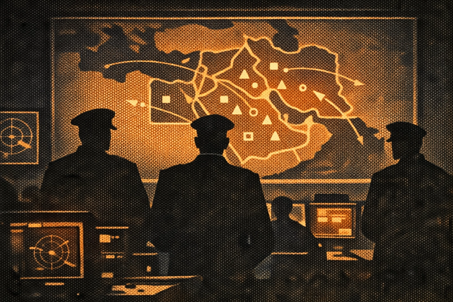 Illustration of a military command center displaying tactical maps of the Middle East during regional conflict.