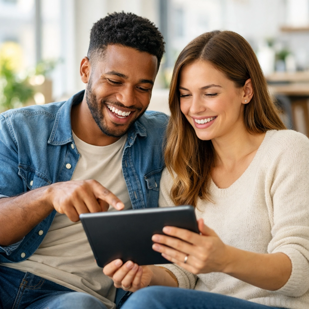 Happy couple in a modern apartment managing their payday loans Alberta to rebuild credit.