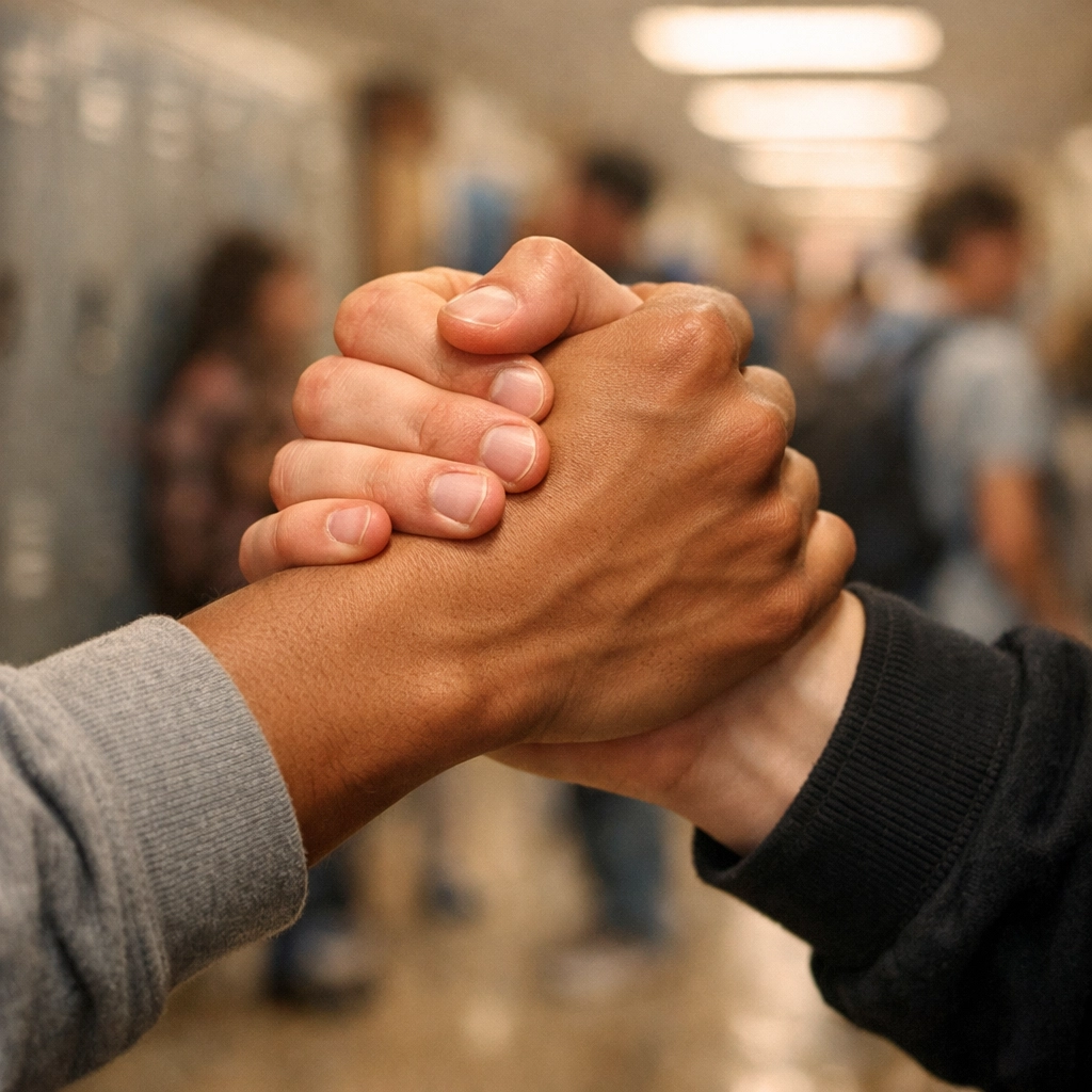 A close-up of two teens' hands high-fiving in a hallway, with the background blurred to show a busy school environment.