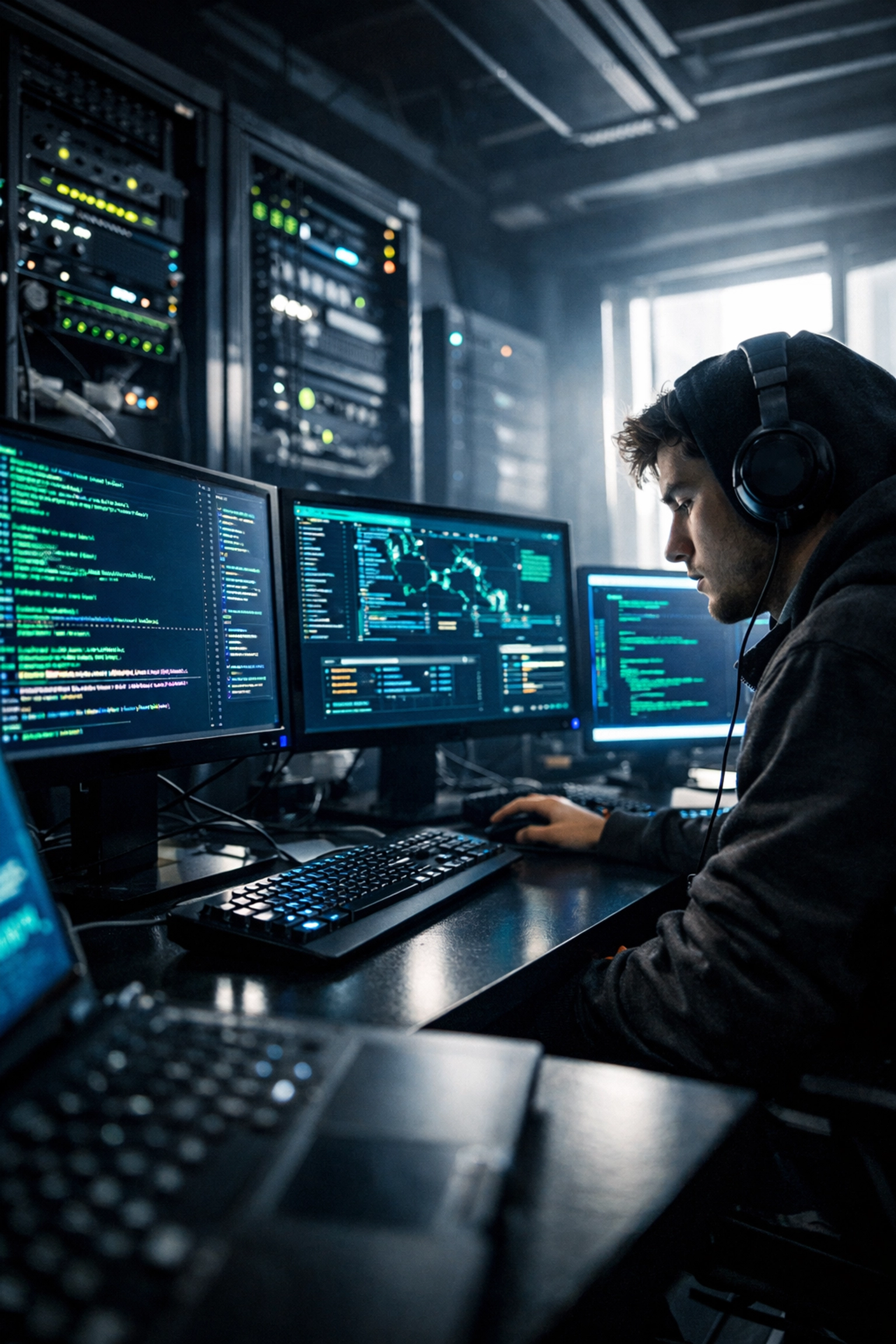 Cybersecurity training pod with workstations displaying code and network equipment