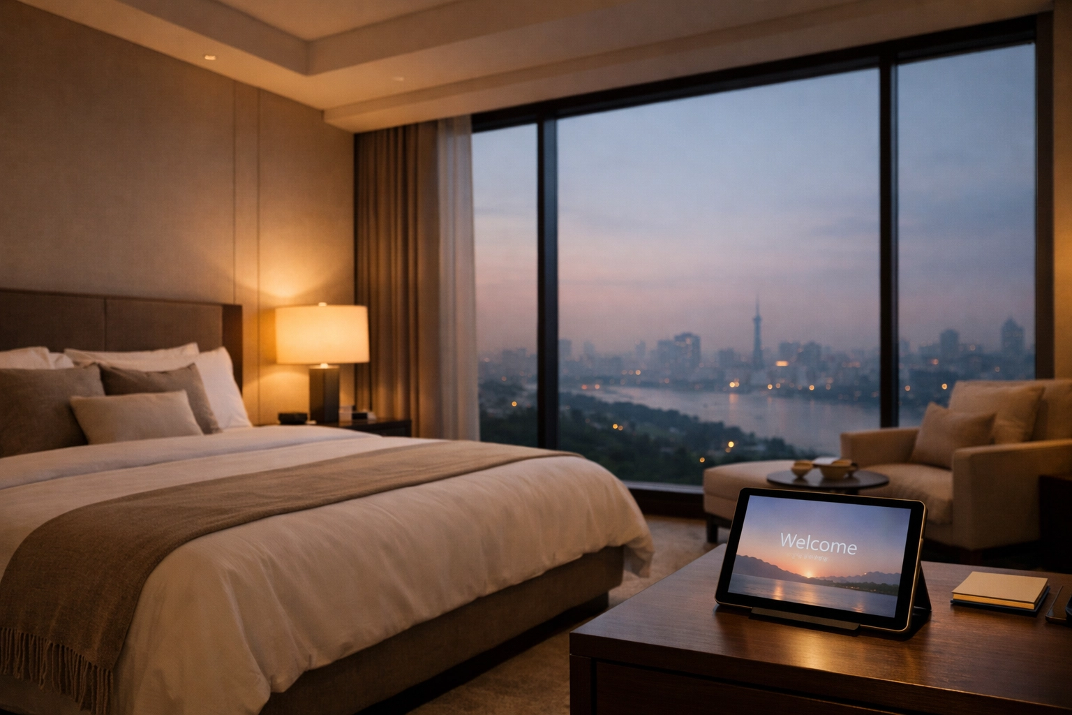 Luxury hotel suite at dusk with a digital tablet displaying a personalized guest welcome message.