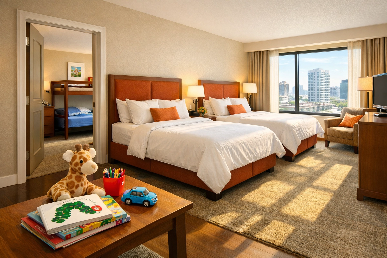 Family-friendly hotel suite in NYC with two beds, a bunk bed in the background, children's toys, and a city view, highlighting spacious accommodations for families during Hotel Week.