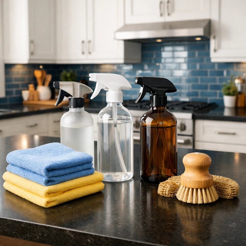 Eco-friendly cleaning supplies and microfiber cloths ready for deep cleaning in Groton MA.