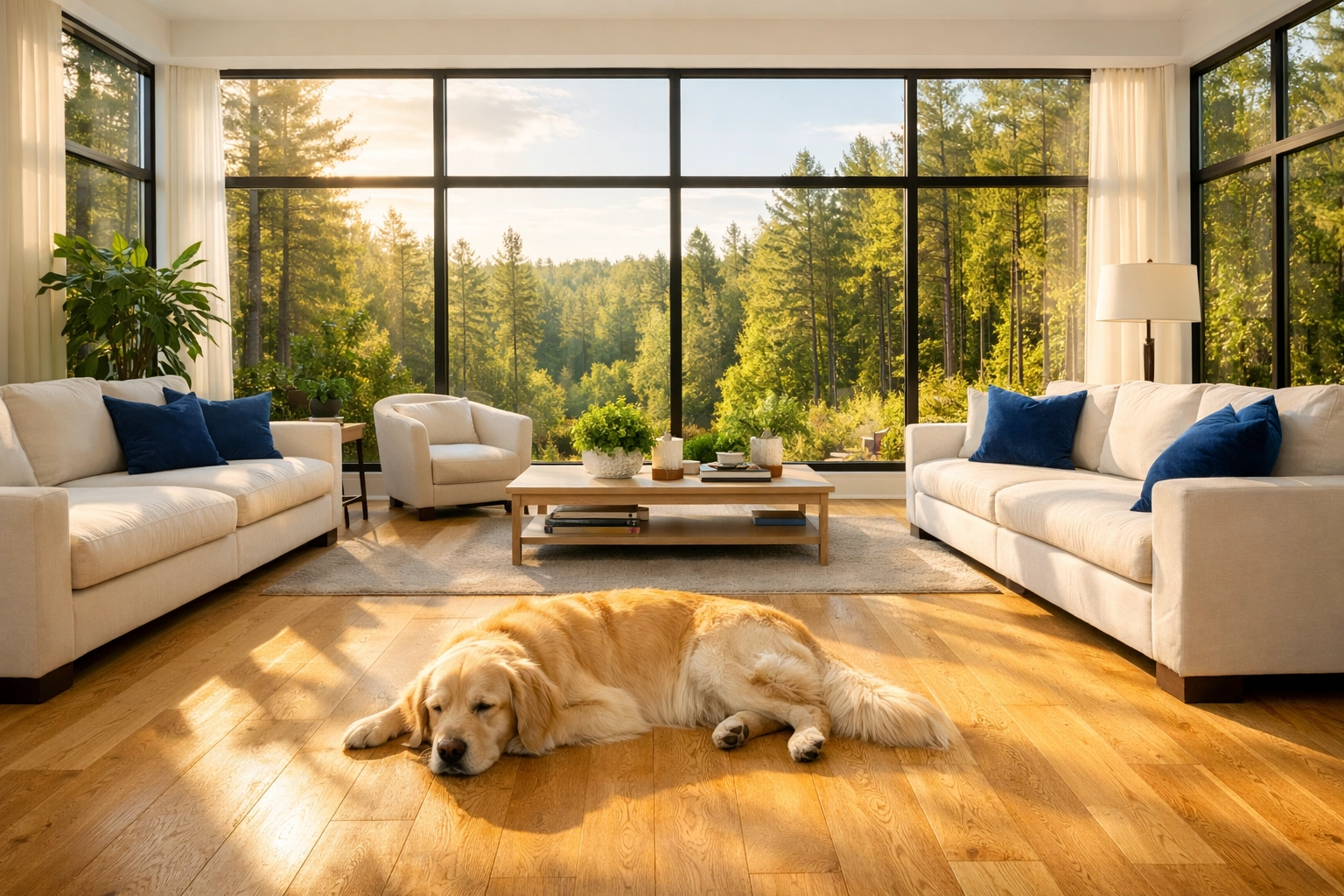 A luxury Lincoln living room with pet-safe, non-toxic cleaning on natural hardwood floors.