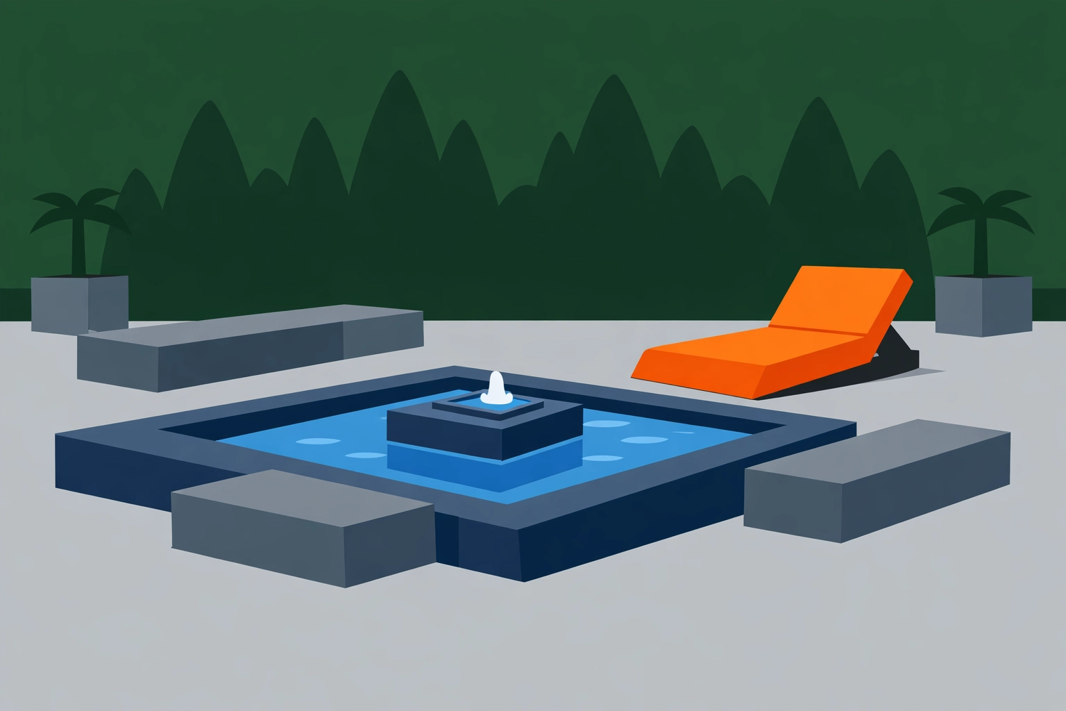 Luxury outdoor lounge with a modern water feature and stone seating for commercial property landscaping.
