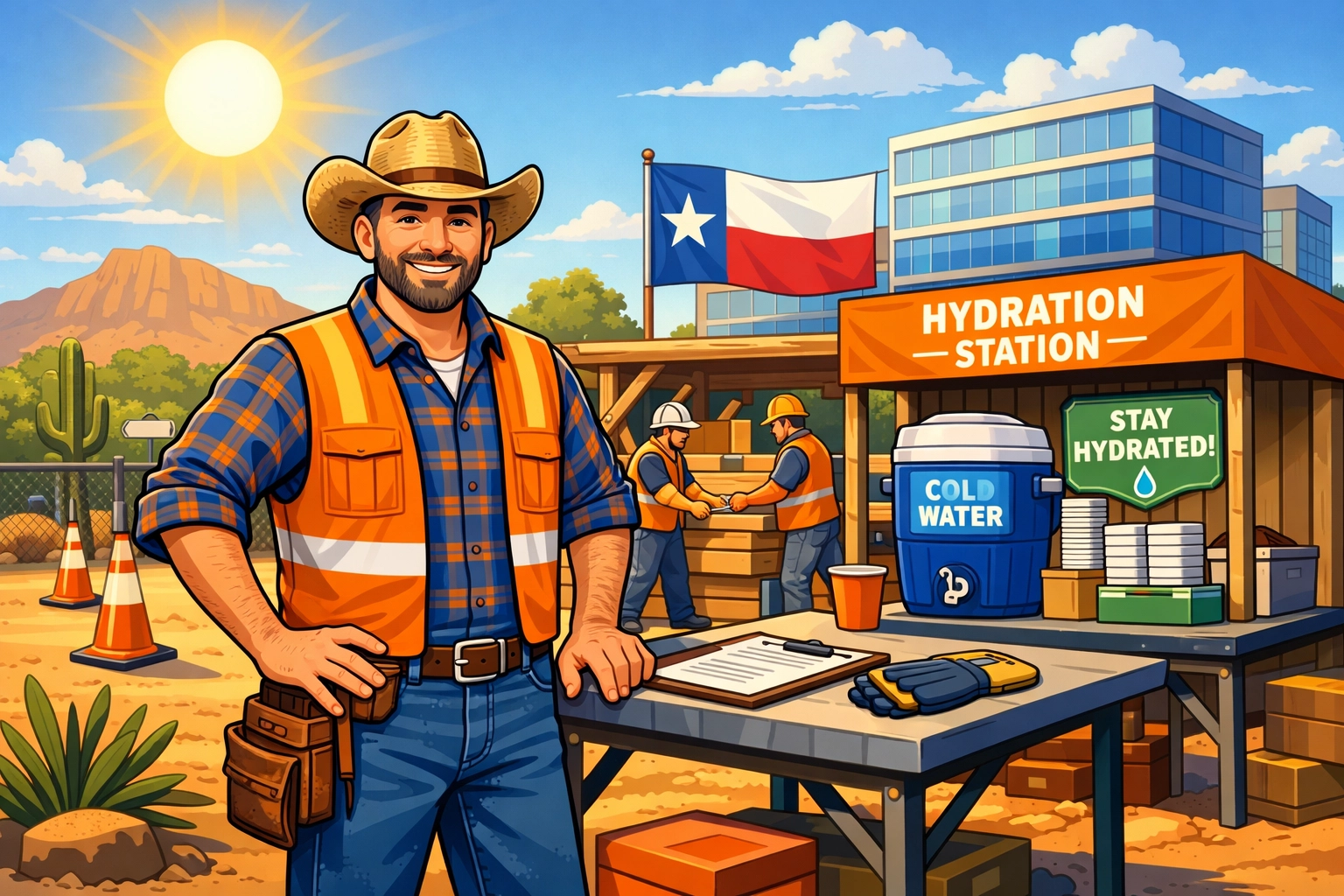 Texas small business owner managing workplace heat safety and 2026 insurance regulation compliance.