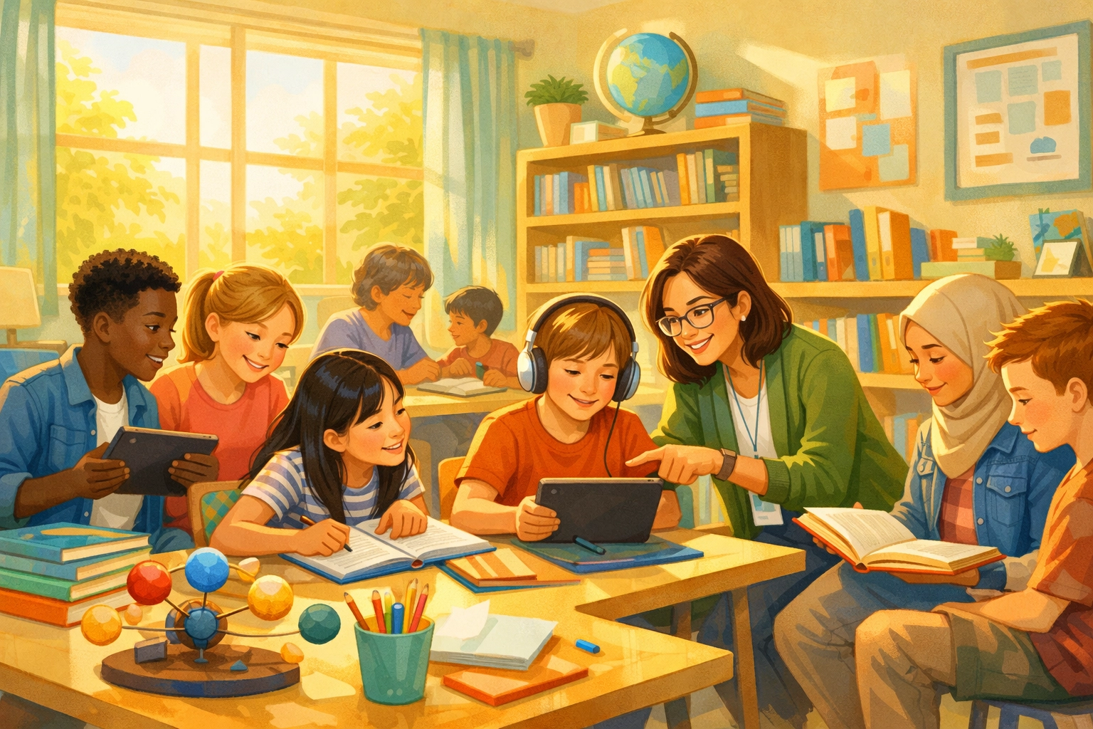 Diverse students learning together in bright classroom with teacher providing educational support