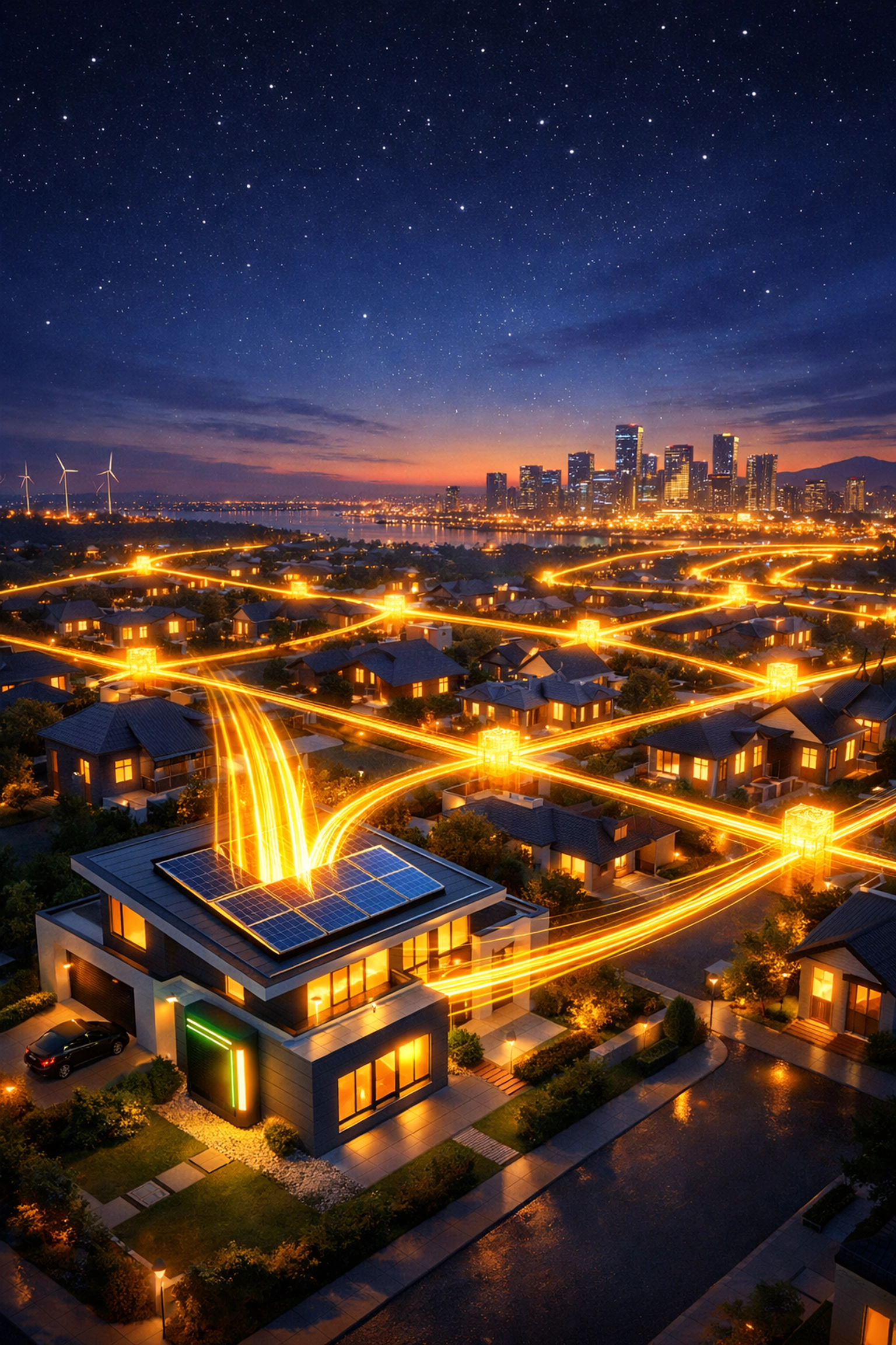 Digital visualization of a smart home connected to a neighborhood virtual power plant for grid efficiency.