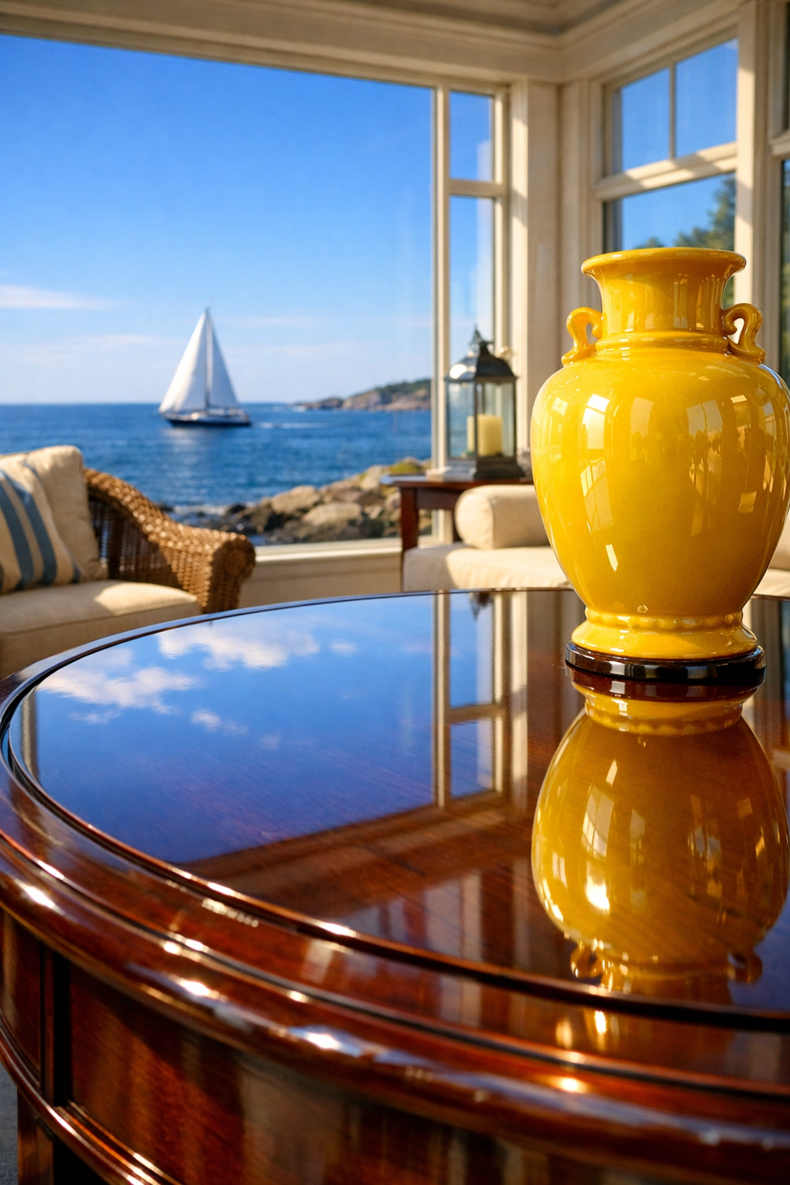 Spotless mahogany table reflecting the coast after a professional deep cleaning in Marblehead.