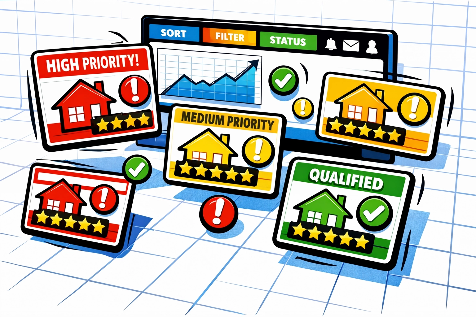 AI lead generation dashboard organizing and prioritizing real estate property listings by urgency
