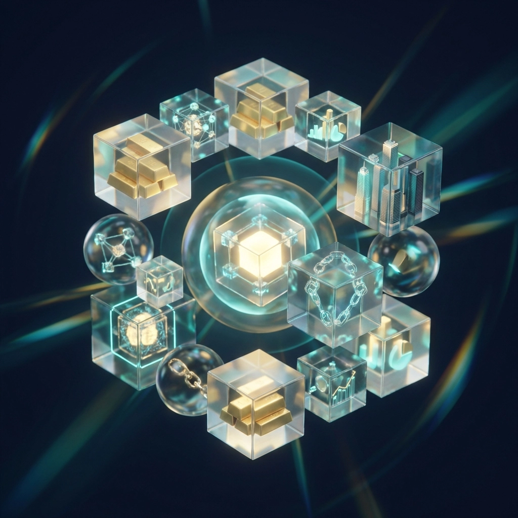 Visual representation of a diversified institutional investment portfolio including digital assets, real estate, and gold.