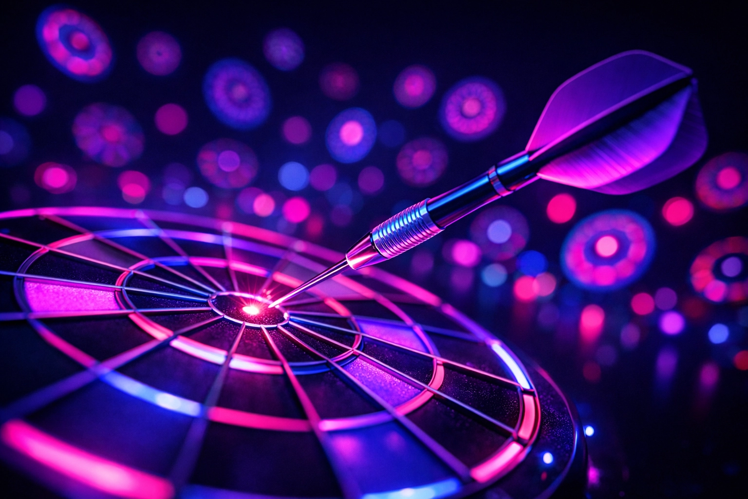 A dart hitting a tiny glowing target representing overly narrow targeting in global ad campaigns.