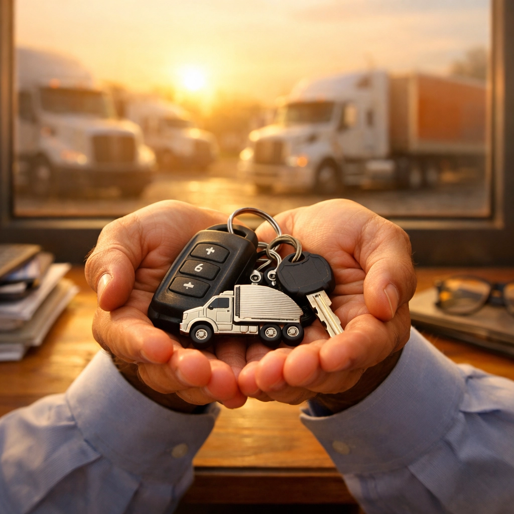 Hands holding heavy-duty truck keys over a desk, highlighting a successful business line of credit.