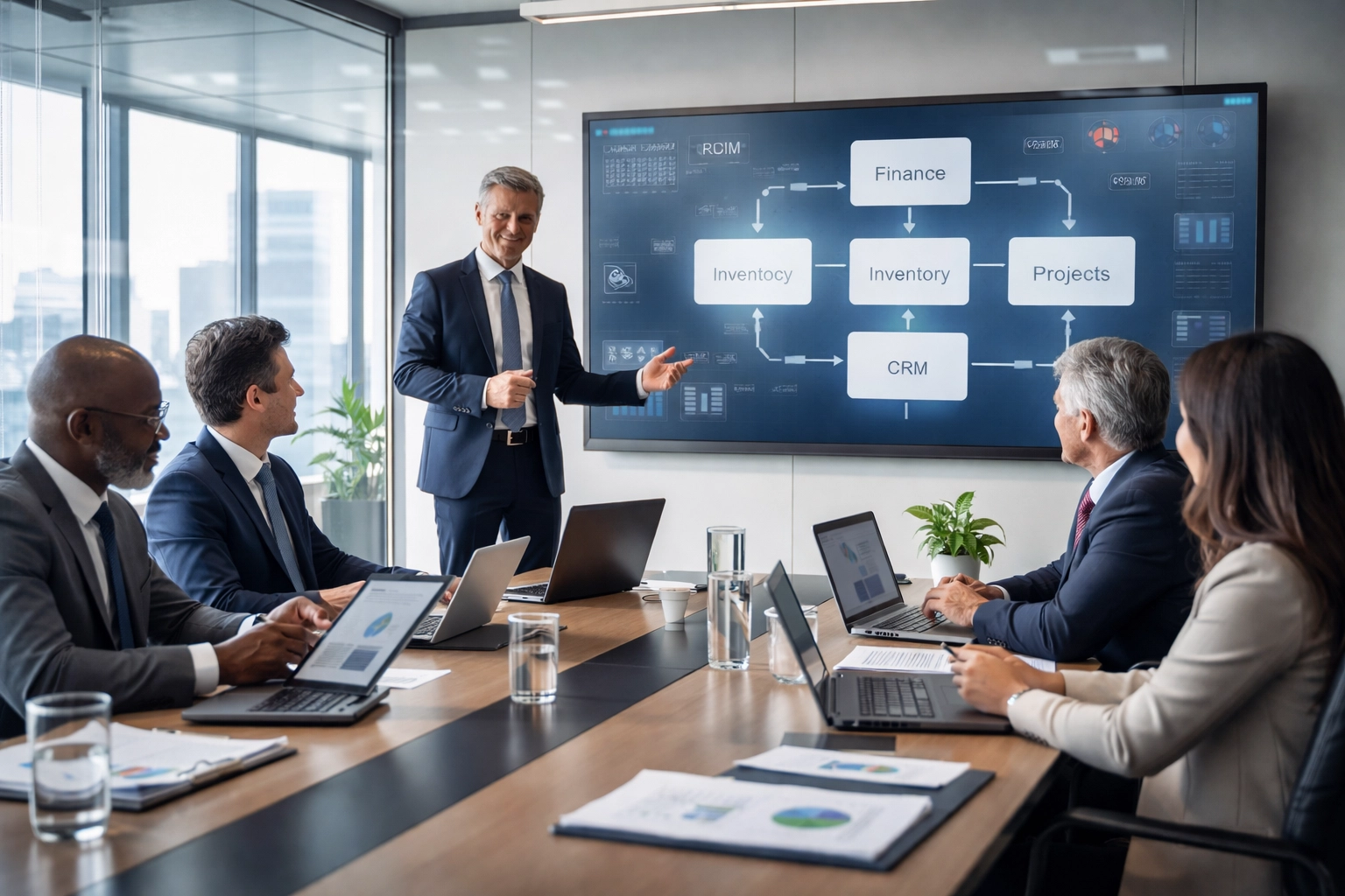 Executive leadership team in boardroom strategizing ERP implementation with finance and workflow dashboards, emphasizing business-led ERP decision-making