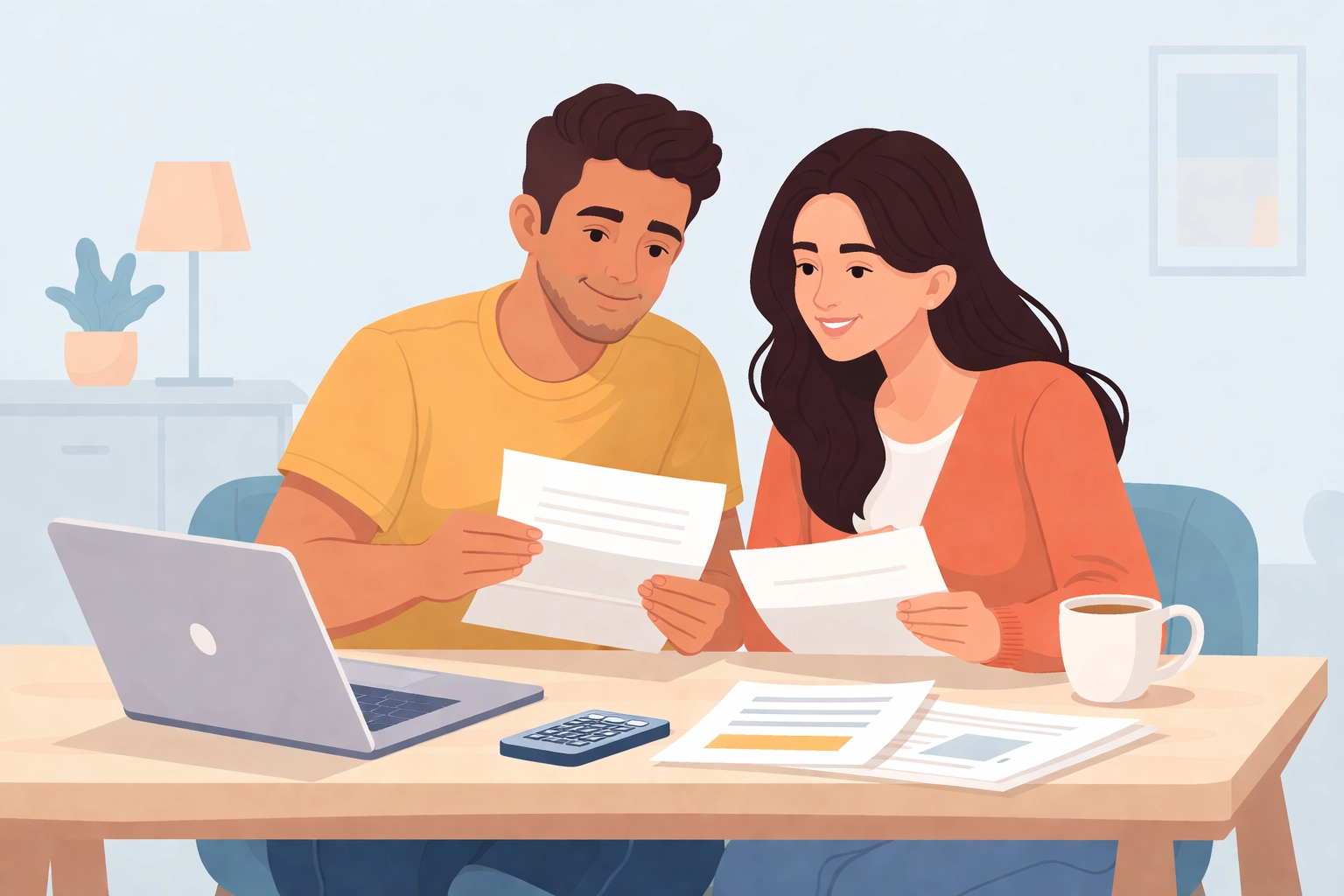 Pareja latina revisando documentos para la preaprobación de crédito al comprar casa en USA