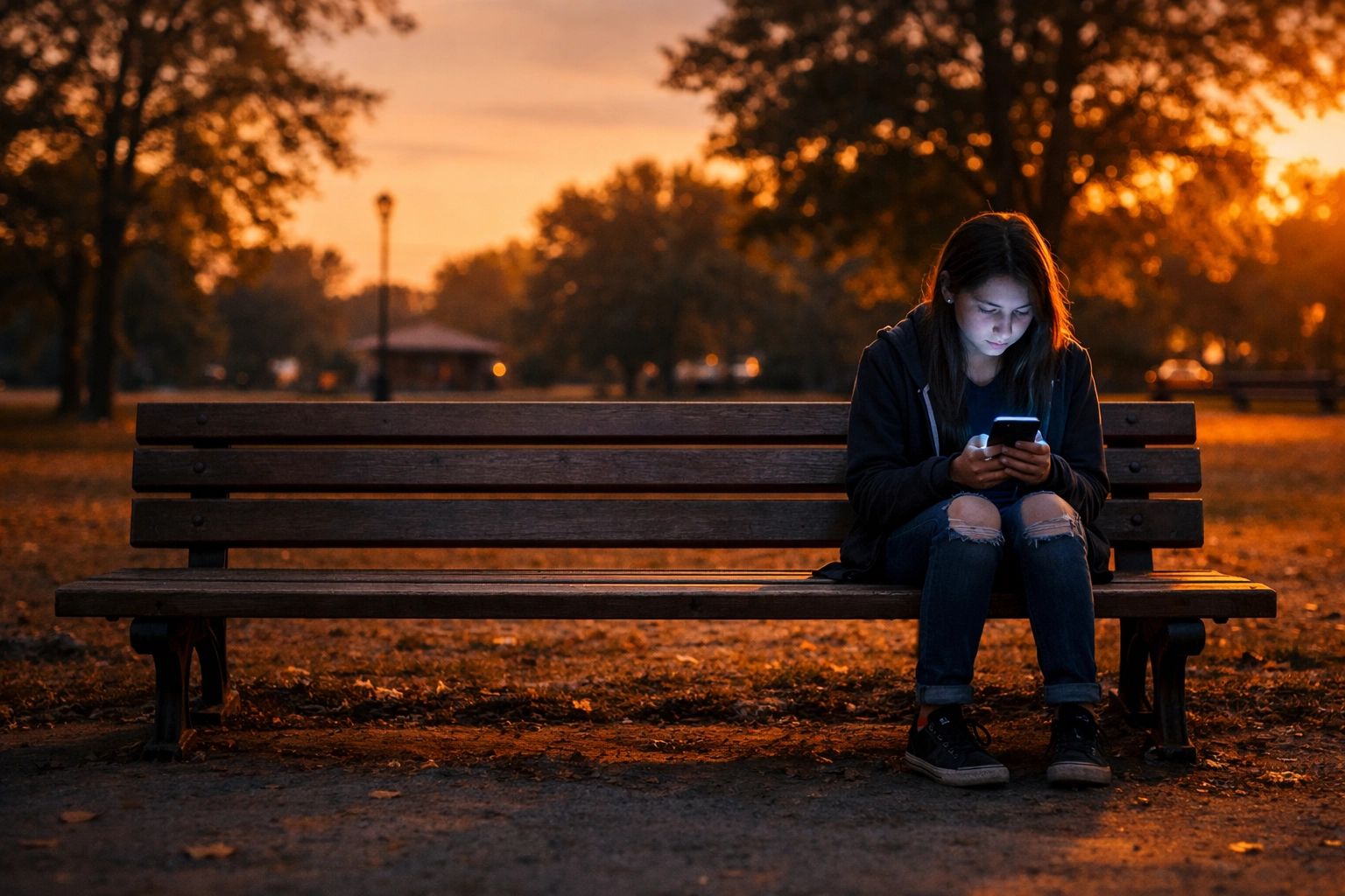 A lonely teenage girl sits on a park bench looking at her phone, reflecting isolation and teen anxiety.