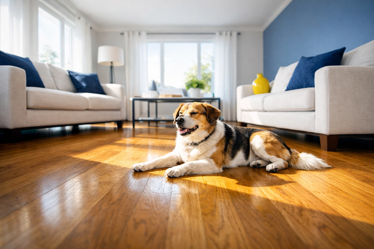 A happy dog rests on a clean, sun-drenched oak floor in a Lincoln living room, showing pet-friendly cleaning safety.