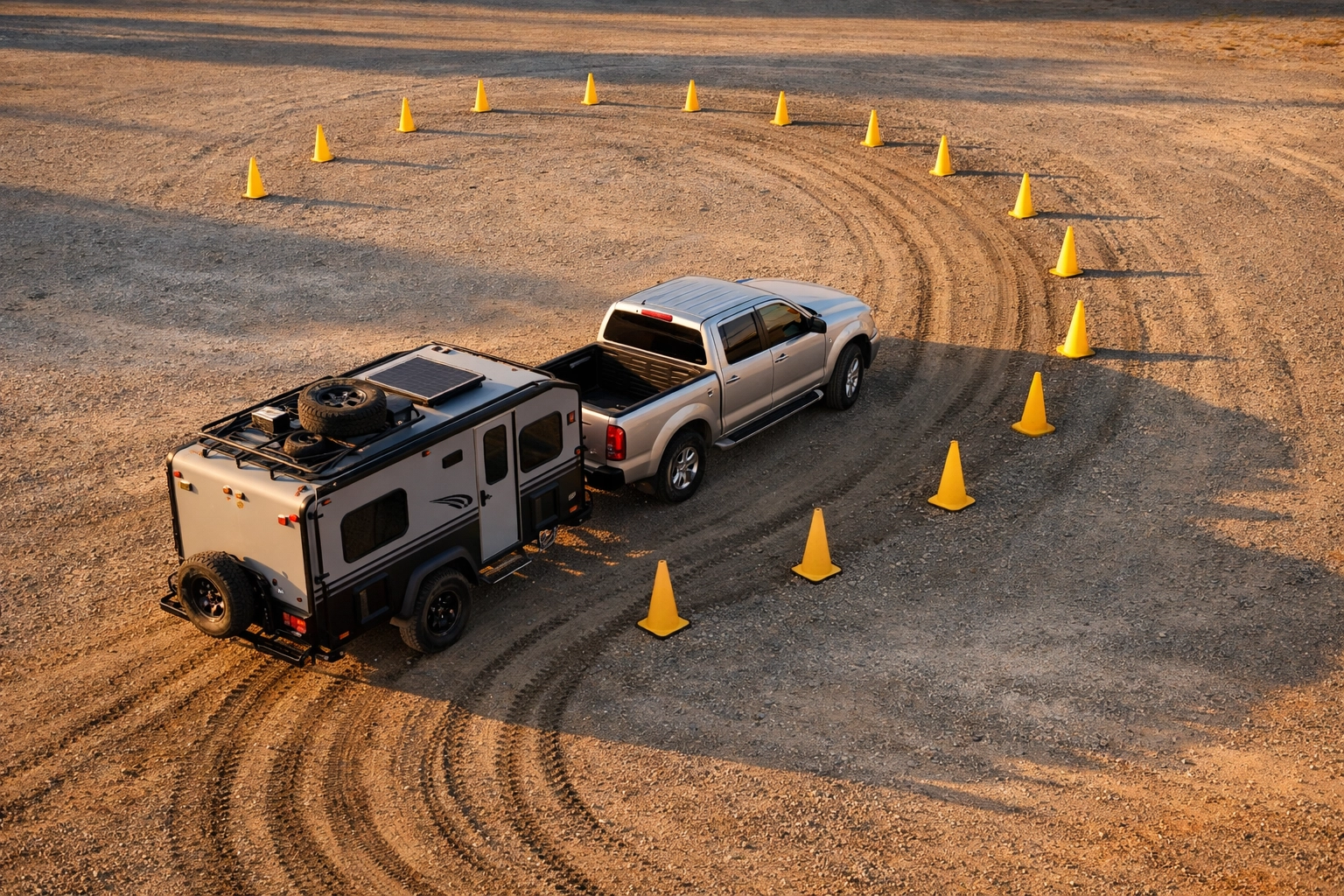 Aerial view of pickup truck backing up travel trailer in parking lot with practice cones