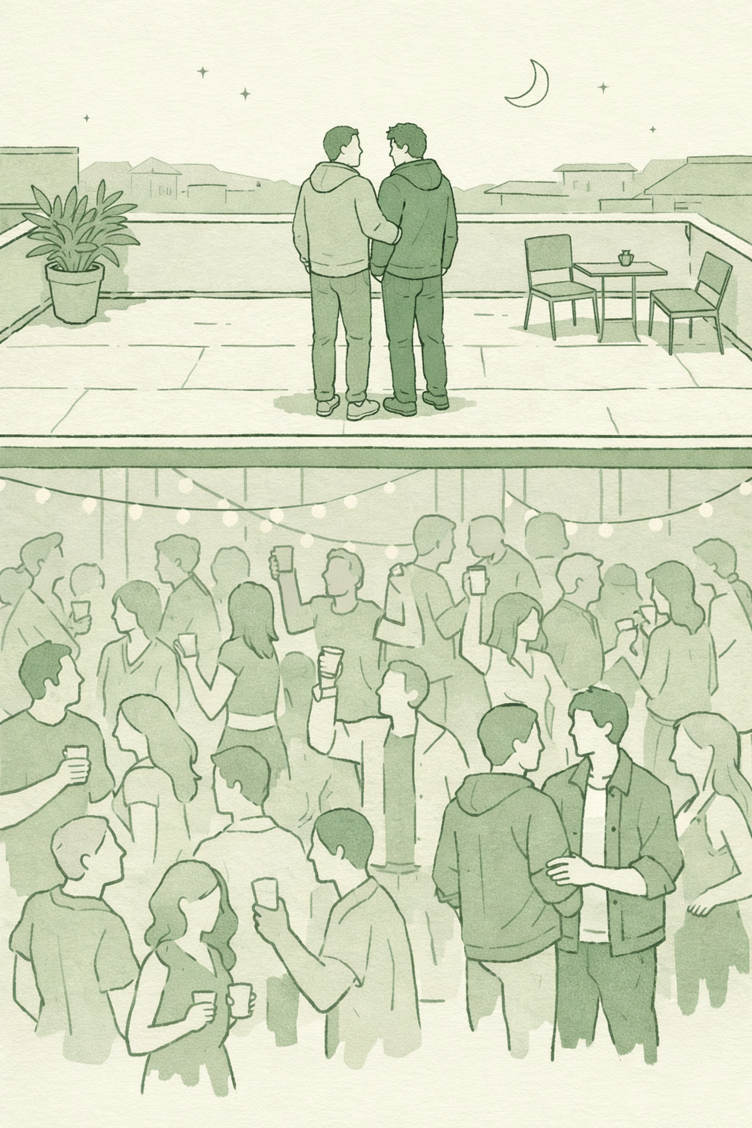 College party chaos below contrasted with private rooftop meeting between two men