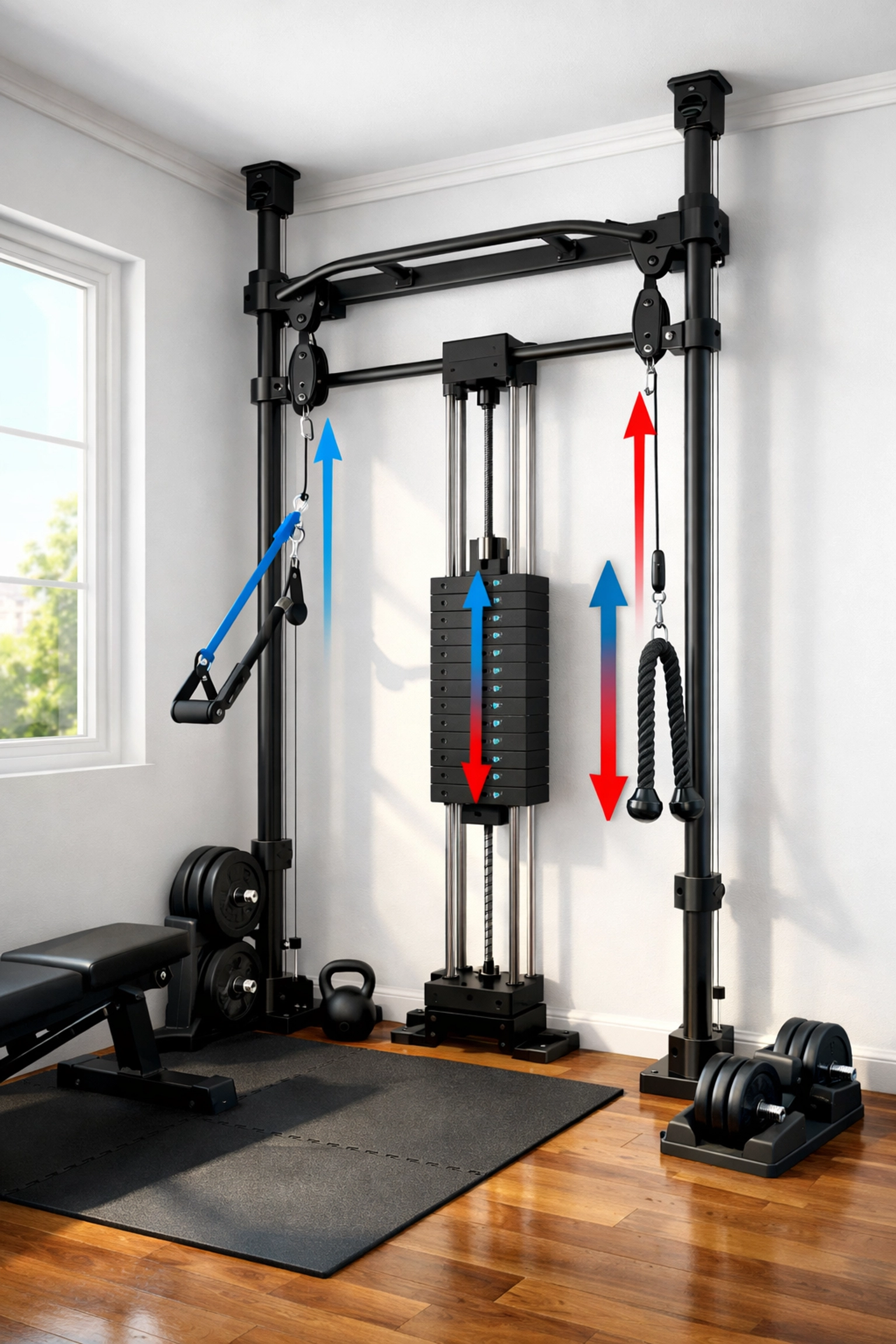 Floor-to-ceiling resistance training system in home gym with pristine white walls and proper weight distribution