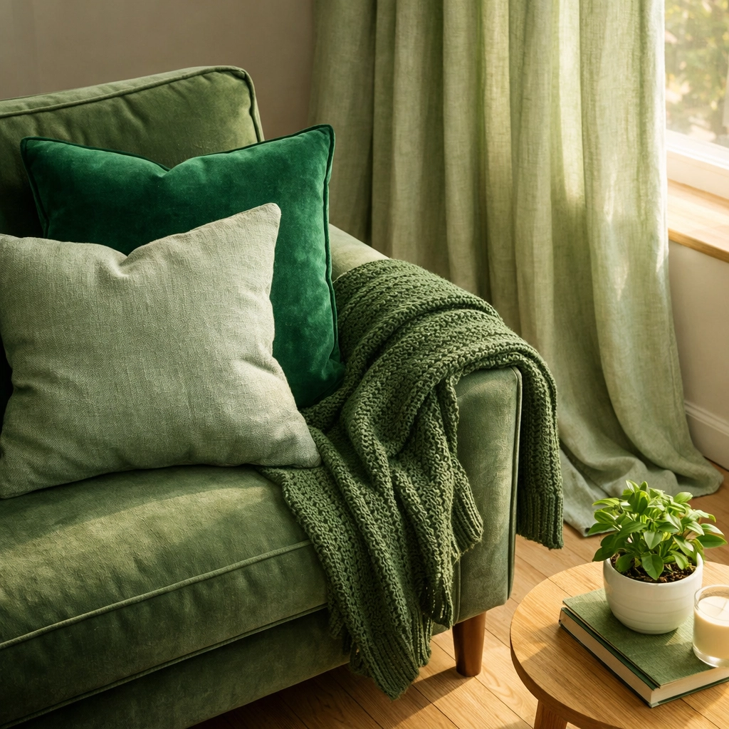 Sage green velvet armchair with emerald cushions and linen curtains demonstrating renter-friendly color drenching
