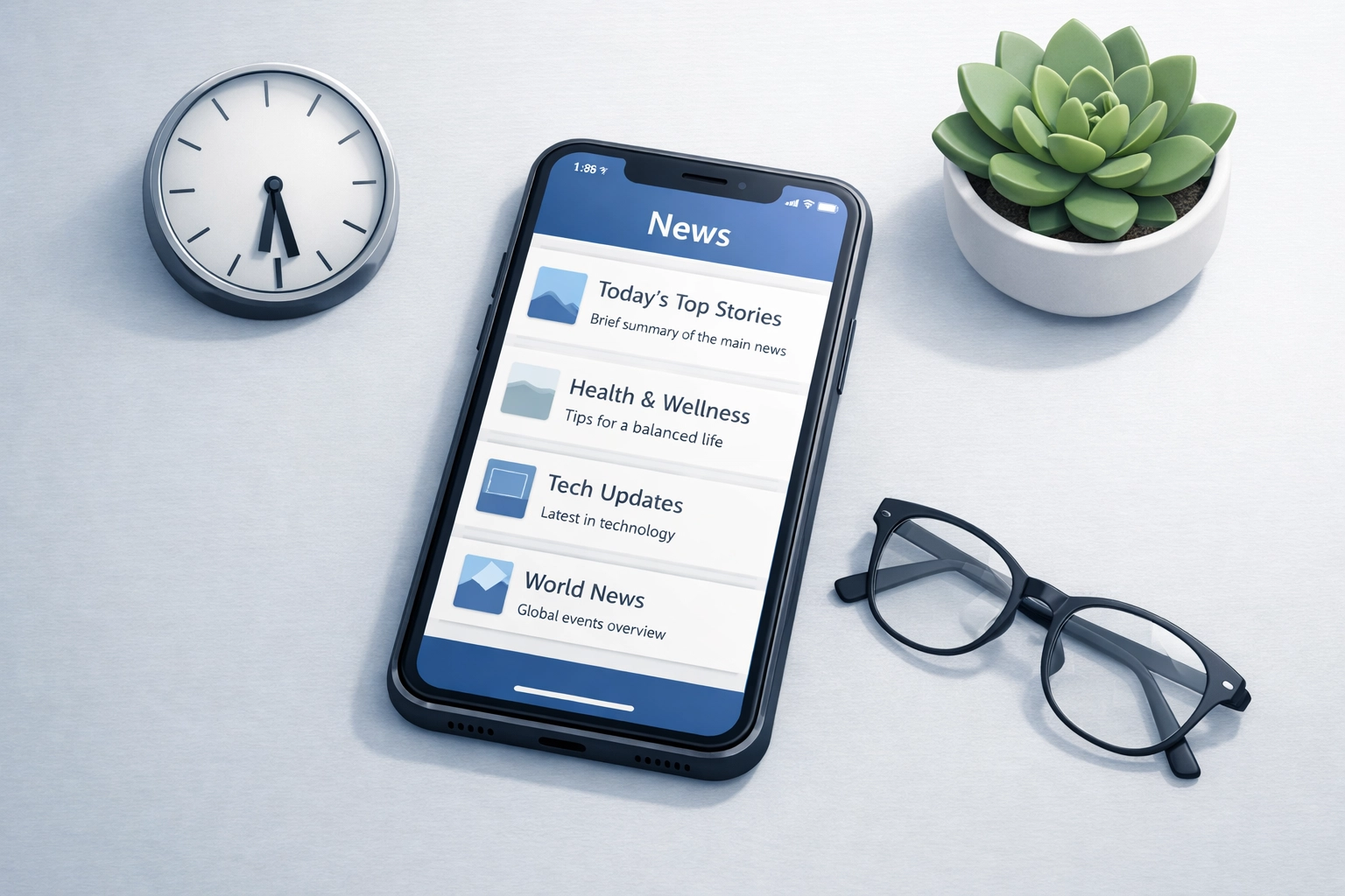 Smartphone showing organized news app with clock at 5:30 PM and boundaries set