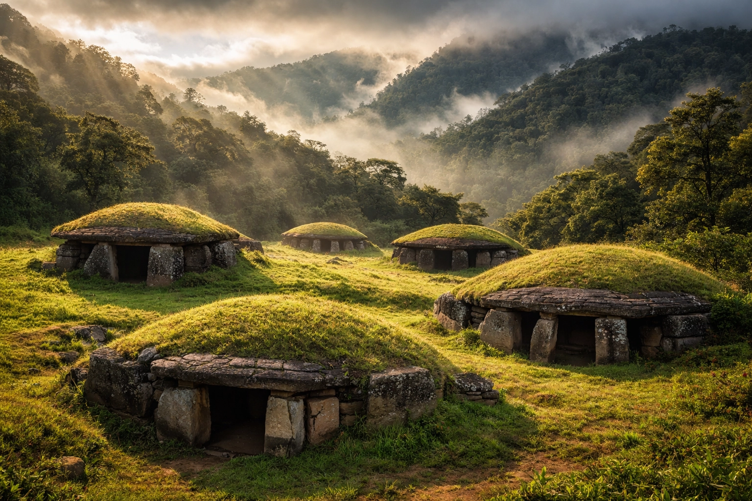 Ancient mesitas burial mounds at San Agustín Archaeological Park in the Colombian Andes highlands