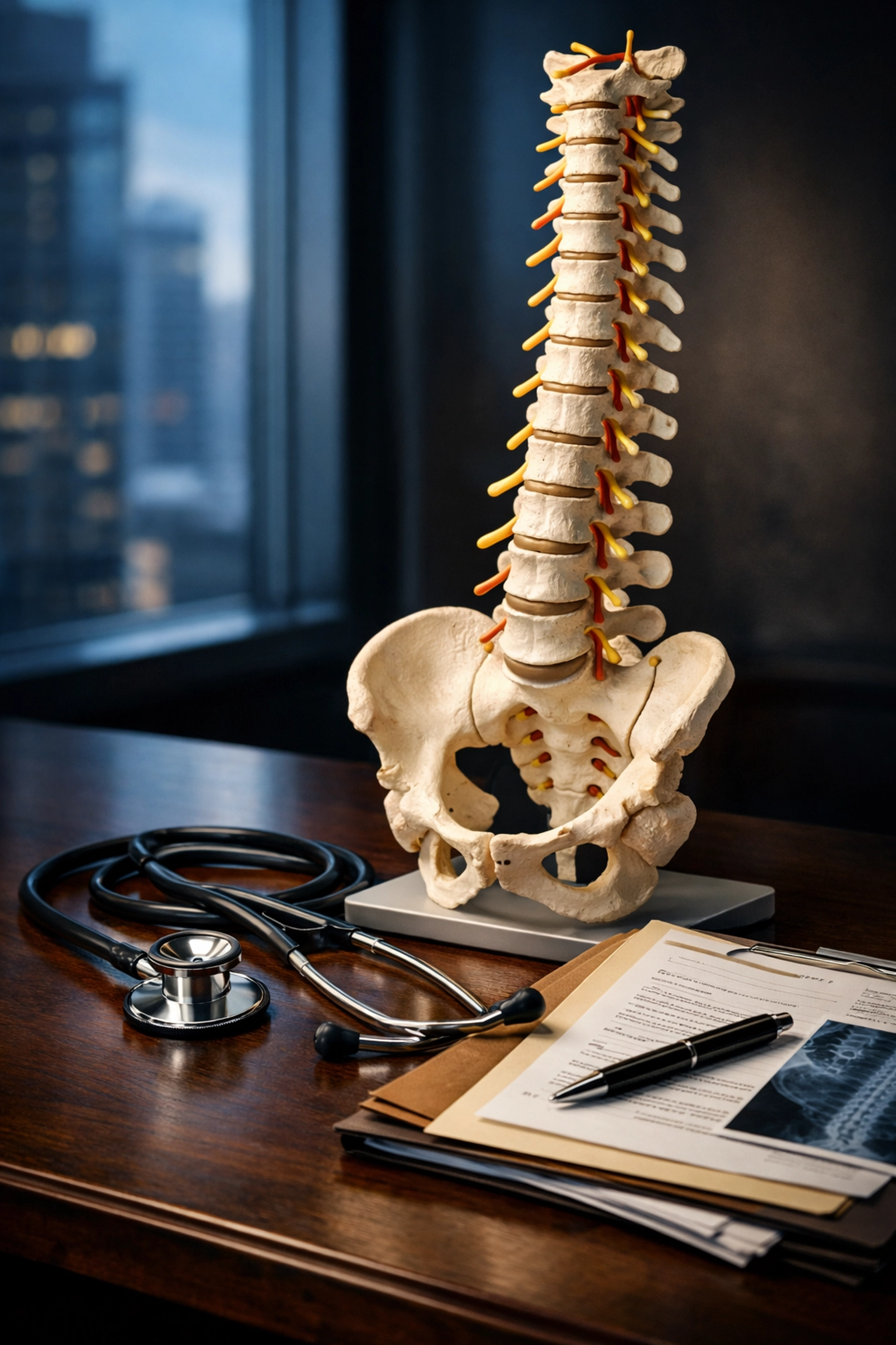 Anatomical spine model and medical files representing documentation for delayed car accident injuries in Texas.