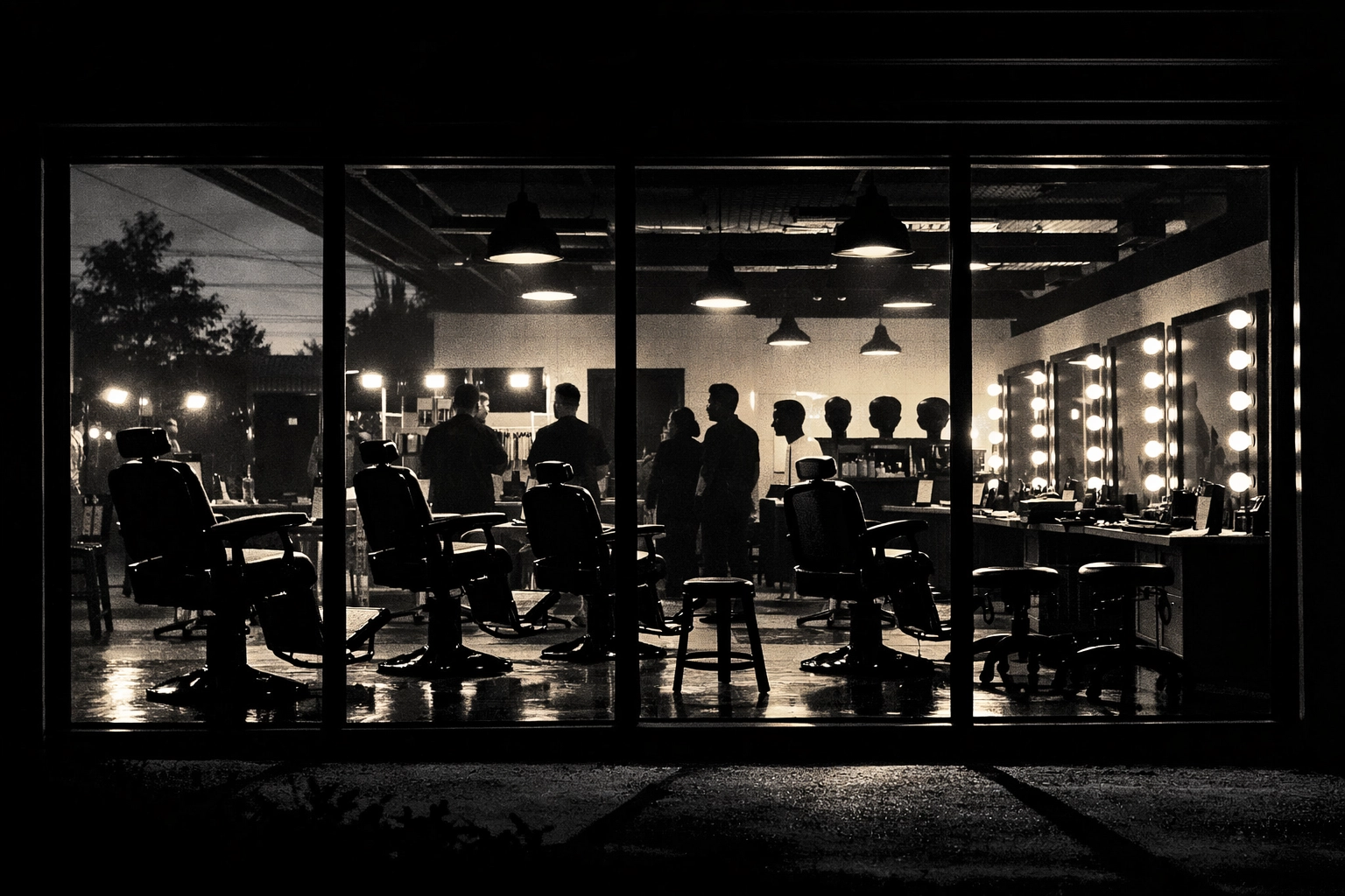 Evening barber school classroom with training stations and barber chairs illuminated at dusk