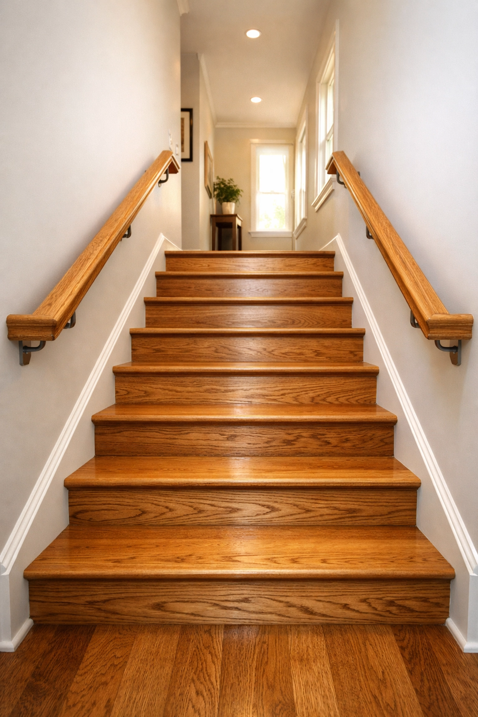 A wooden staircase featuring sturdy double handrails that extend onto the landing for added fall prevention.