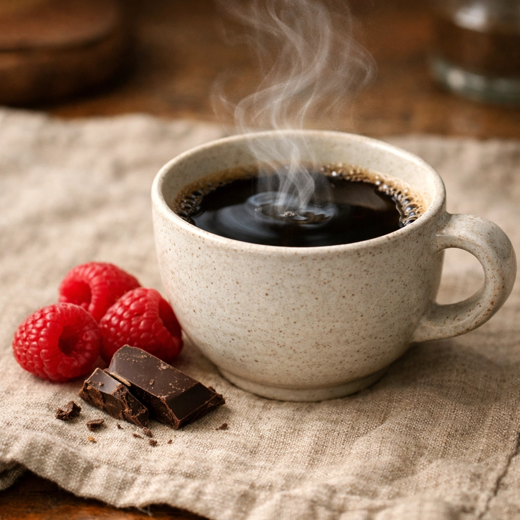 A steaming cup of specialty coffee with berries and chocolate illustrating complex tasting notes.