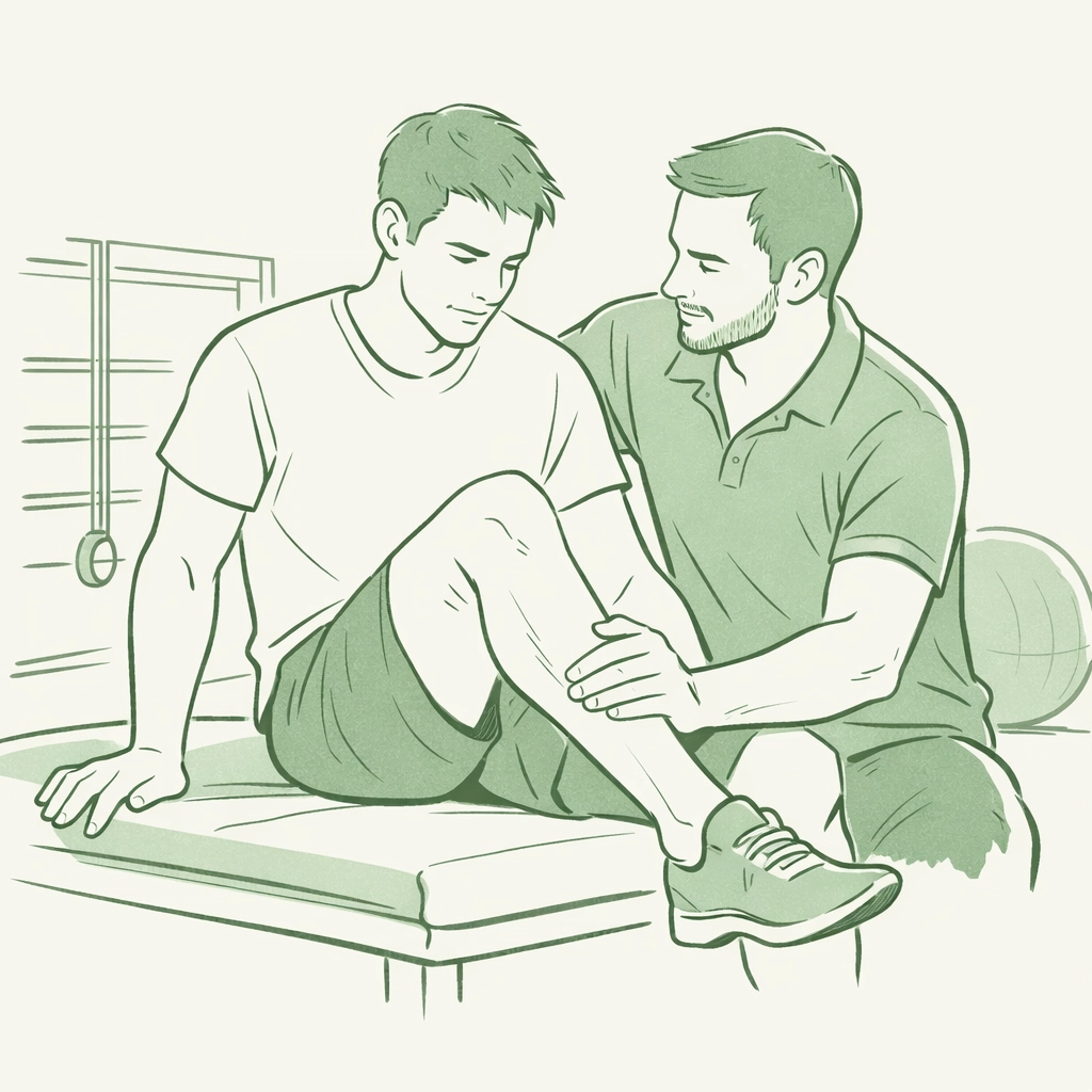 Man receiving physical therapy support from partner, showing resilience and recovery