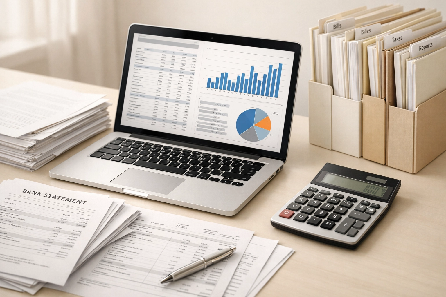Organized workspace with bank statements and financial documents for QuickBooks file assessment