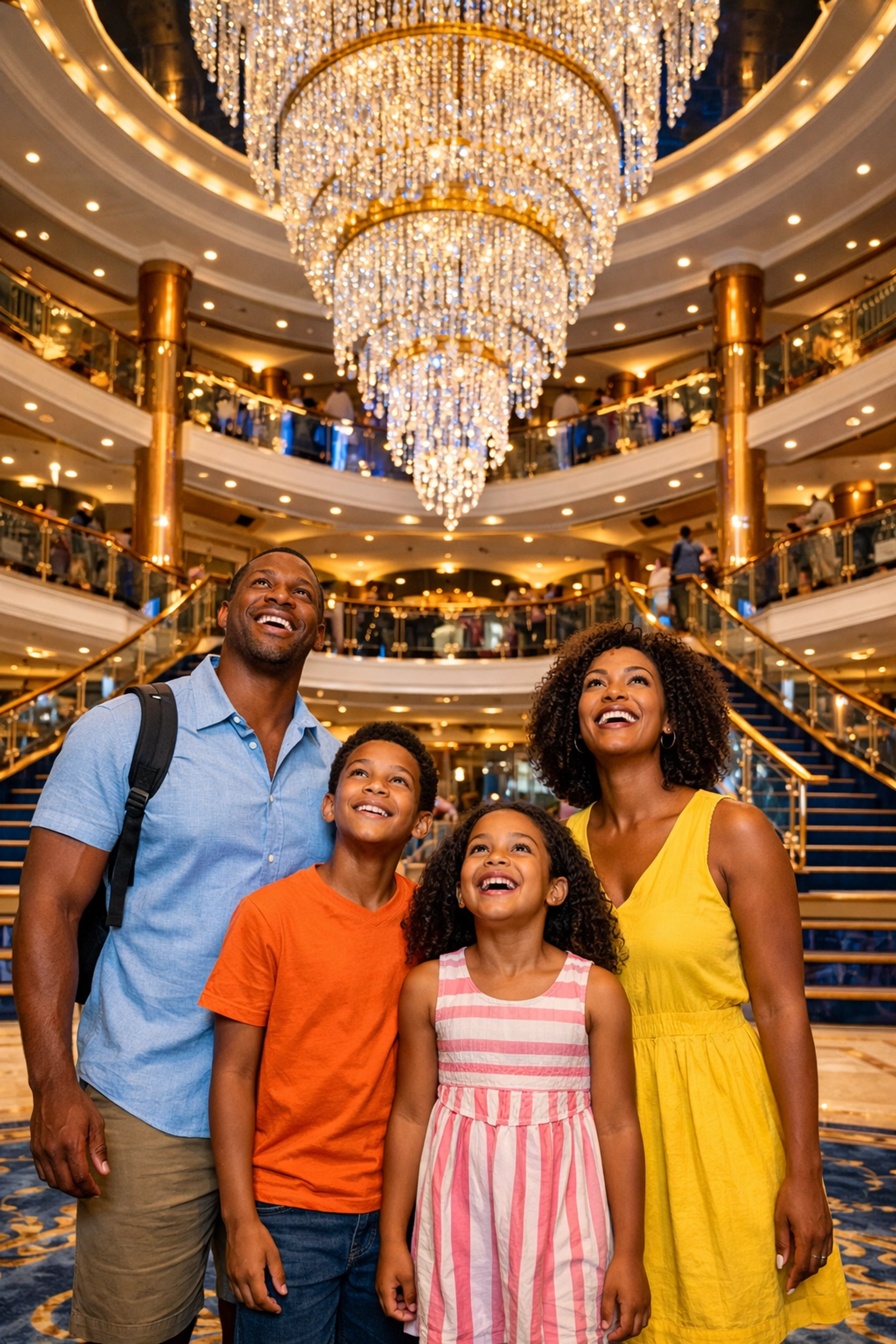 A family explores a luxury cruise ship atrium after booking with an Omaha travel agent.