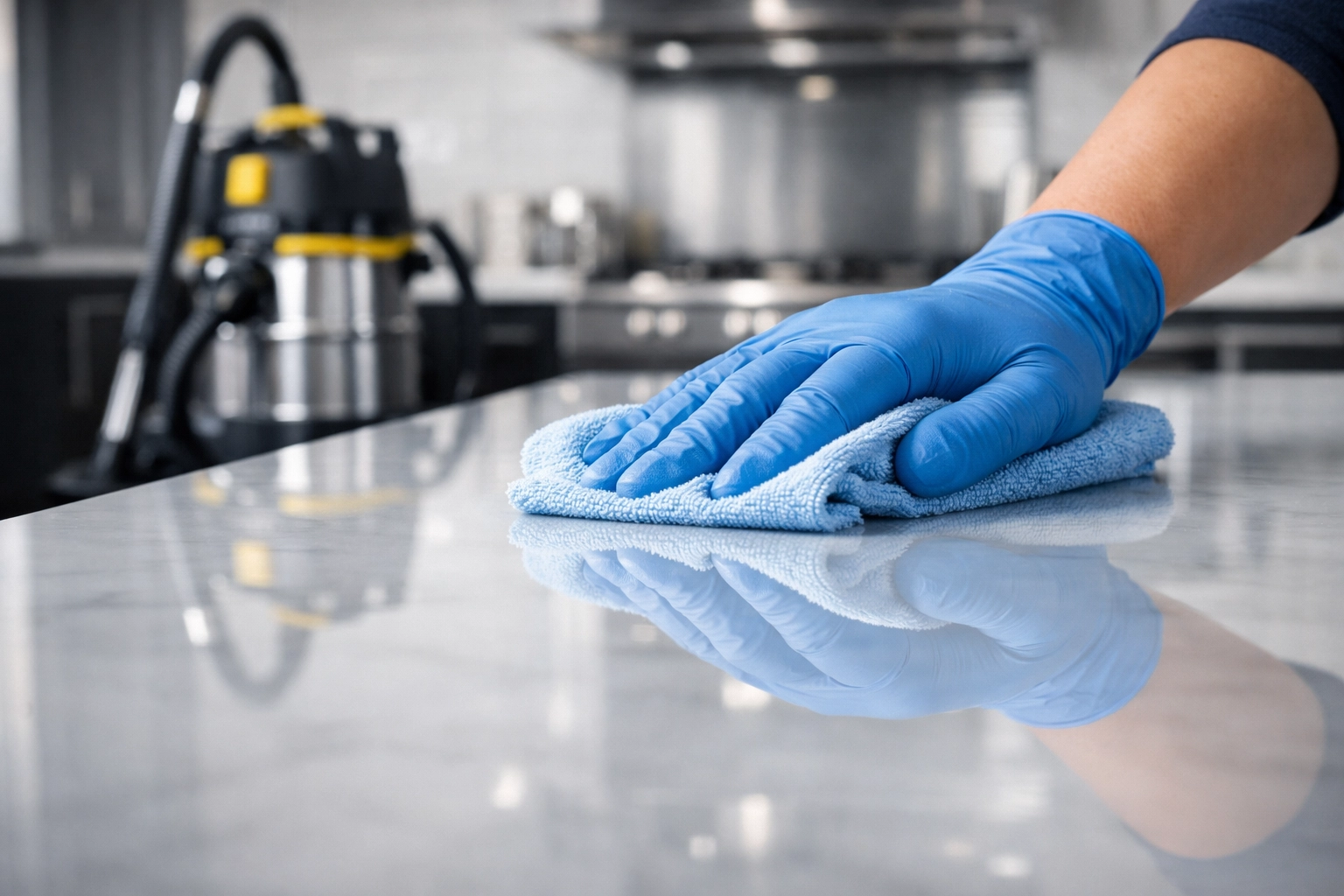 Efficient house cleaning in Shrewsbury featuring a detailed wipe-down of a marble kitchen island.