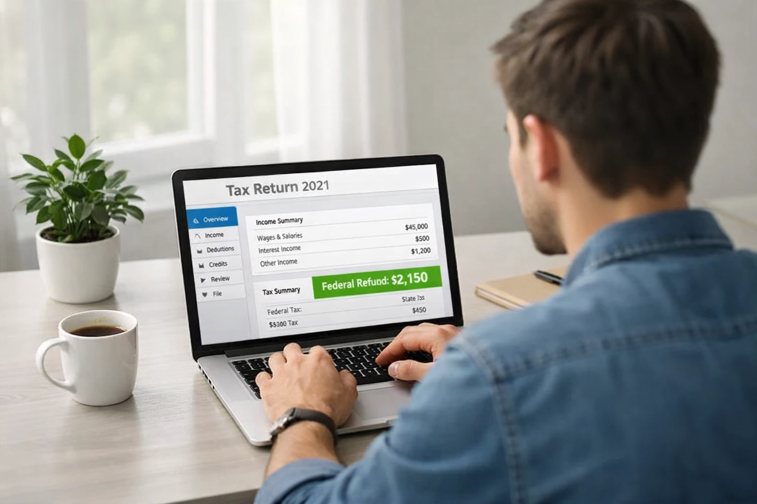 Professional working on tax preparation software in home office